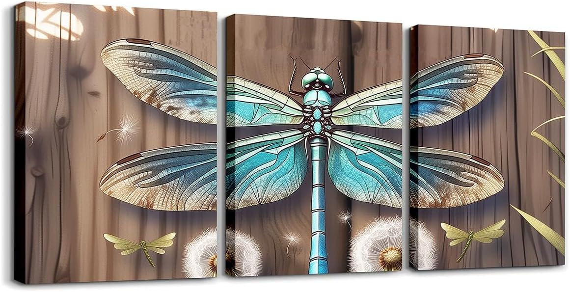 Erosebridal Dragonfly Wall Decor Dandelion Vintage Wall Art for Living Room,Natural Garden Plants Artwork Posters,Wooden Rustic Farmhouse Wall Painting,Brown Teal