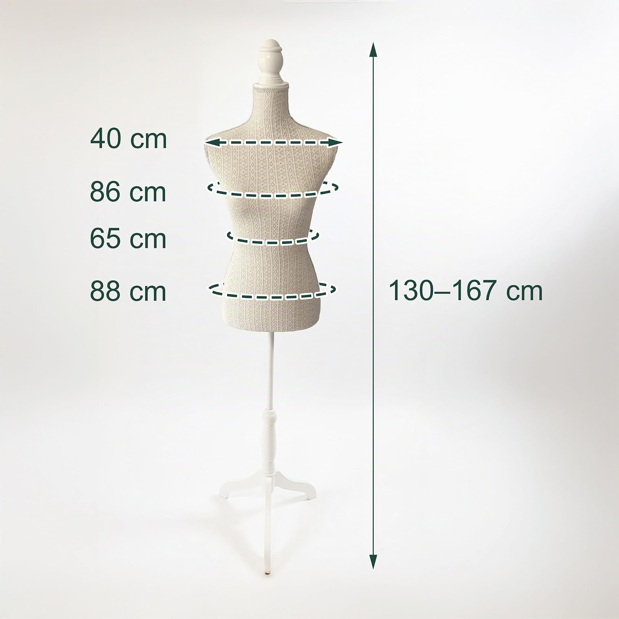 Relaxdays Manichino, Donna, Taglia 36/38, Regolabile 130–167 cm, Pizzo, Base in Legno, per Abiti