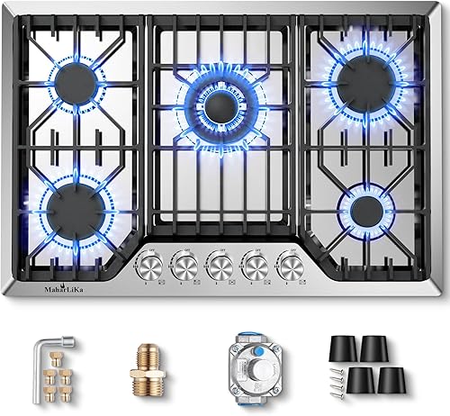 Maharlika - Estufa de gas de 30 pulgadas, estufa de gas incorporada con 5 quemadores de acero inoxidable, 30 pulgadas, GLPG, doble combustible,