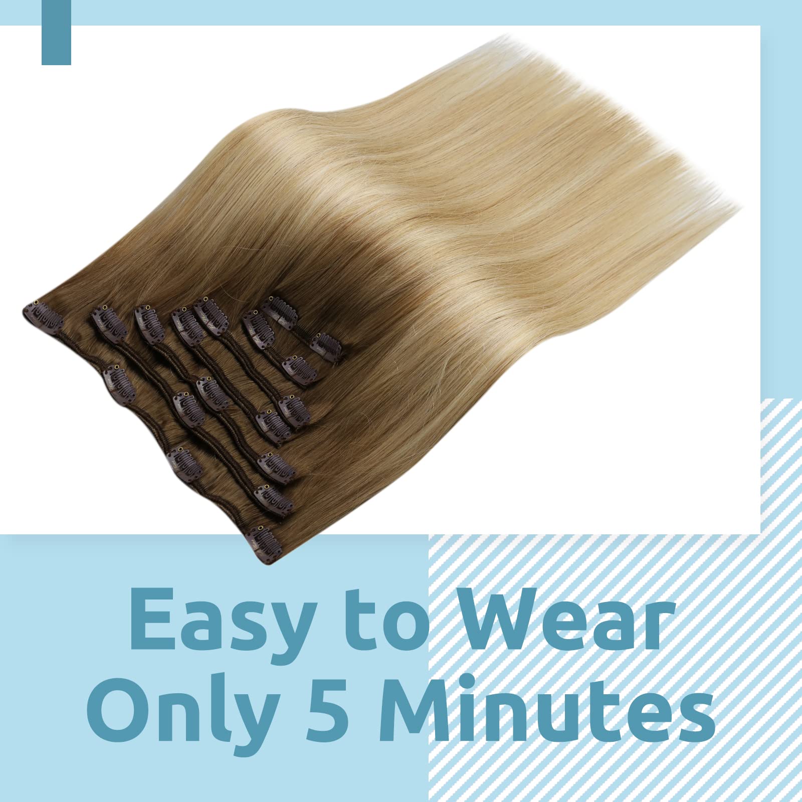 Fshine Clip in Estensioni Dei Capelli Umani 60.9cm Castagno Marrone Ombre Biondo Mix Platino Blonde Liscio Remy Estensioni Dei Capelli Umani Clip on Capelli Spessi 120g 7pcs