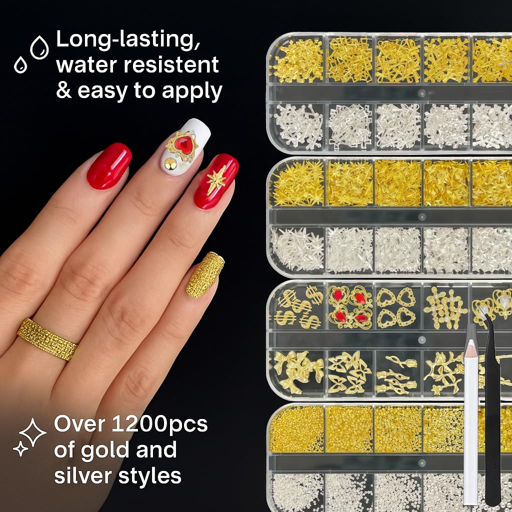 Juego de dijes y gemas doradas para uñas, 4 cajas de gemas para uñas, herramientas de arte de uñas, dijes de cruz 3D, diamantes de imitación de corazón para suministros de uñas, dijes para 3