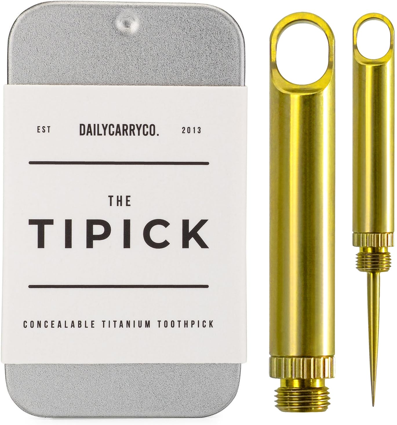 DAILYCARRYCO. TiPick Titanium Toothpick Holder - Portable Metal Travel Toothpick - Reusable EDC Micro Toothpick - Compact &amp; Convenient - Carry On-the-Go - Titanium Construction, Gold