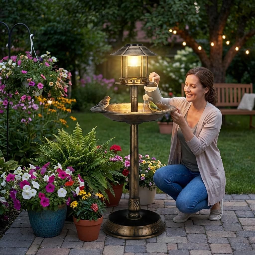 Plastic Round Birdbath with Solar Light Bronze, Outdoor Garden Birdbath, 51x51x106cm Decorative Bird Bath with Built-in LED Solar Light for Backyard Patio Lawn