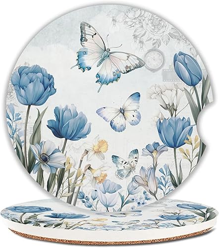 Miniatura 1 de Juego de 2 posavasos de mariposa para automóvil, portavasos de cerámica absorbente de 2.63 pulgadas, base de corcho antideslizante, con muesca de