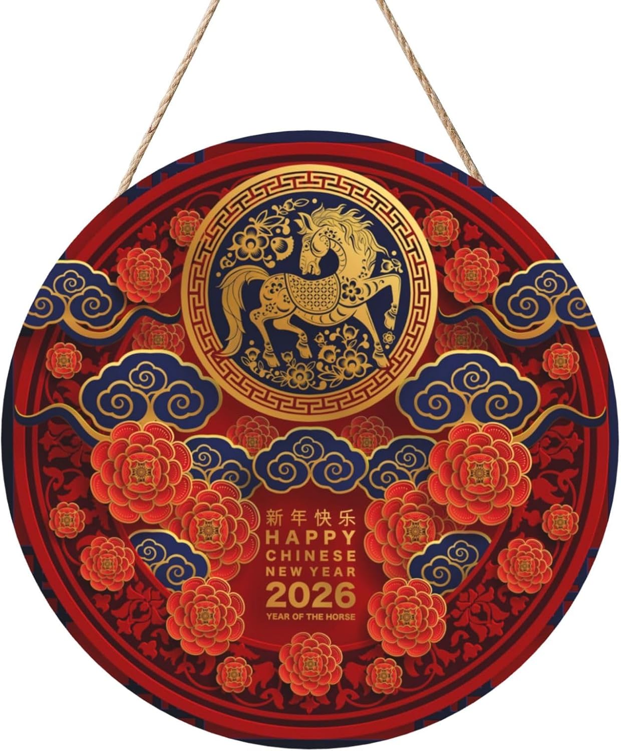 Year Of The Horse Happy Chinese New Year 2026 Round Wood Panel Painting For Home Decoration Circles Door Hanger Party Sign Hanging Paintings For Office, Wall 12 Inches