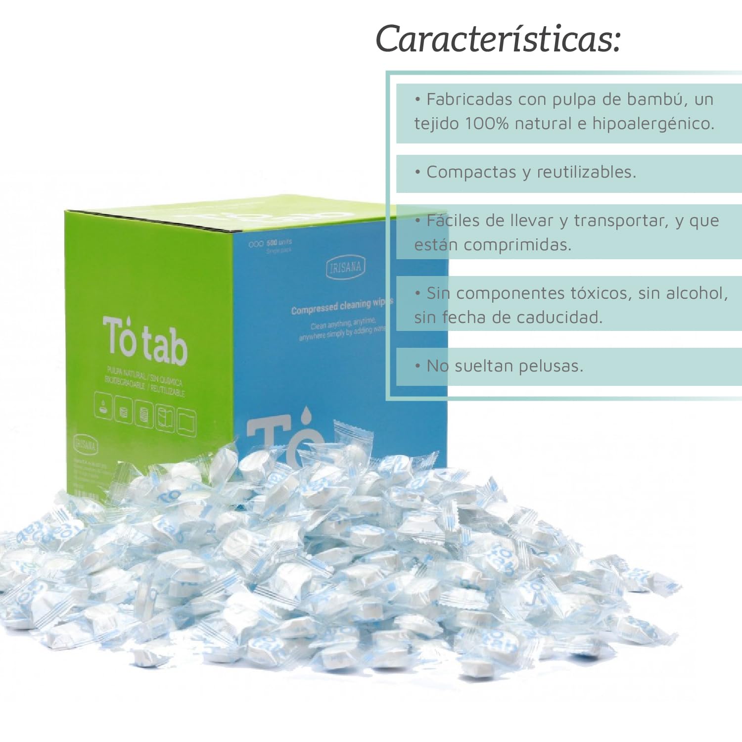 Irisana - Toallitas Comprimidas en Pastillas - 500 unidades - Hipoalergénico - Fabricadas en Pulpa de Bambú - Ecológicas - Biodegradable - Limpiadoras
