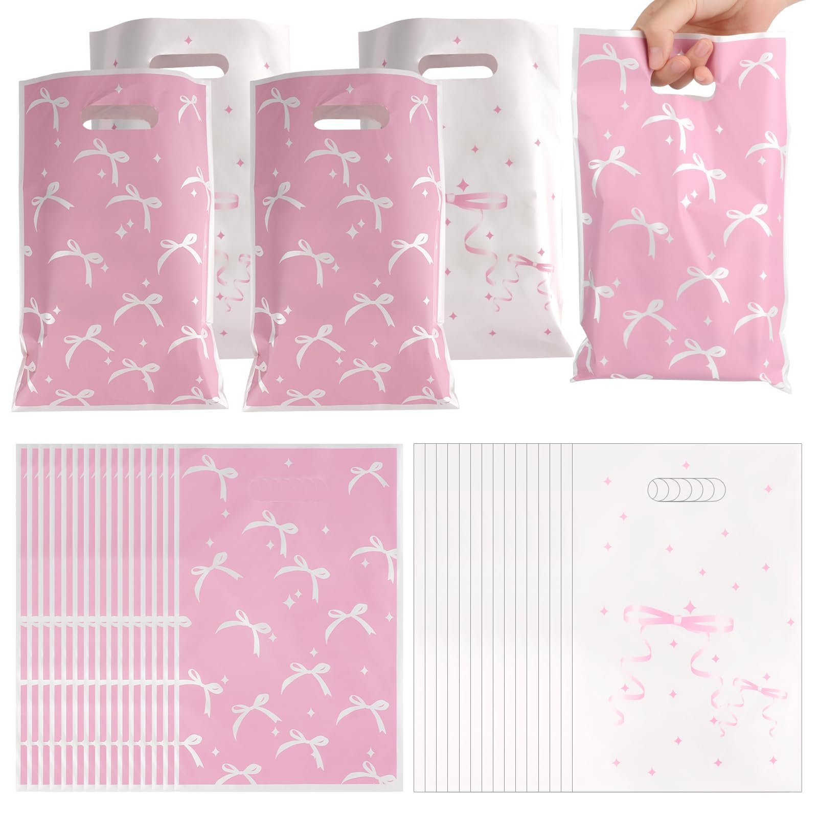 100 Pcs Pink Bow Gift Bags, 16.5x25cm Plastic Party Favors Bags with Handles, Coquette Candy Treat Bags Bulk for Baby Shower, Bridal, Birthday, Engagement, Wedding, Bachelorette,Cute Goody Bags