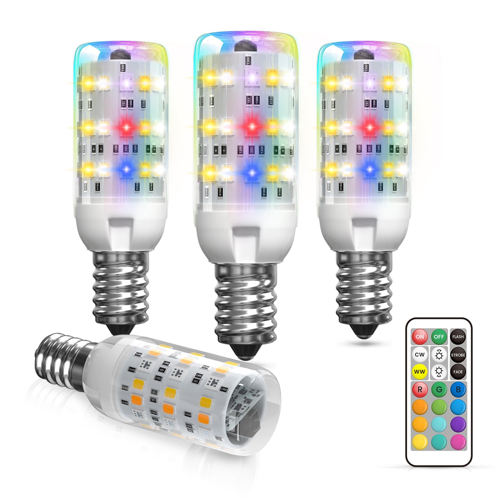 BrightWish 4-Pack 2W LED E14 Colour Changing Light Bulbs, Dimmable RGB & Warm White, Remote Control, Warm & Cool White, Memory Function, for Mood Lighting & Decor