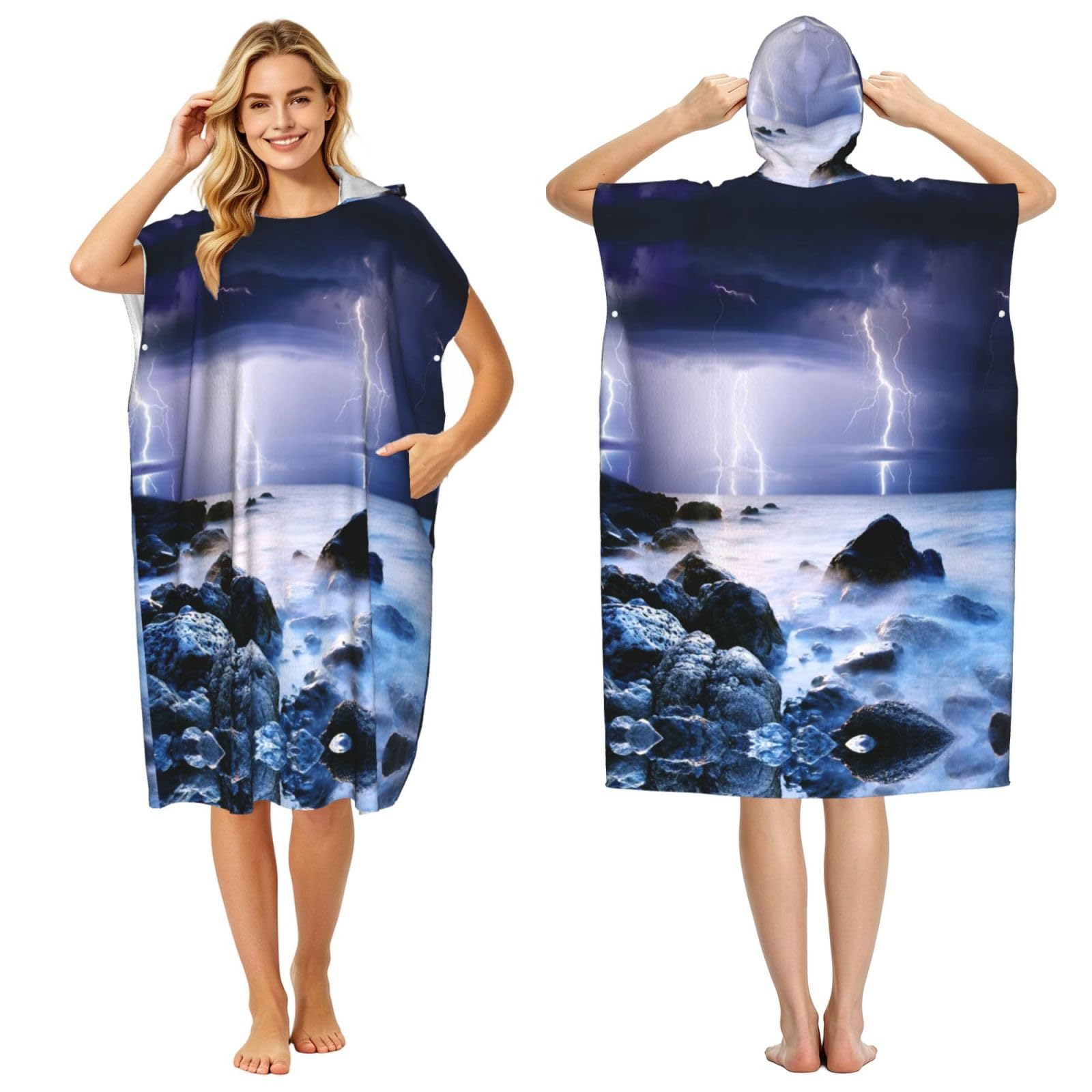 ESNAIUVCD Summer Storm Beginning Print Changing Robe, Hooded Towel Poncho For Swimming Pool, Beach,Quick Dry & Light Weight Towelling Poncho For Adults Women Men