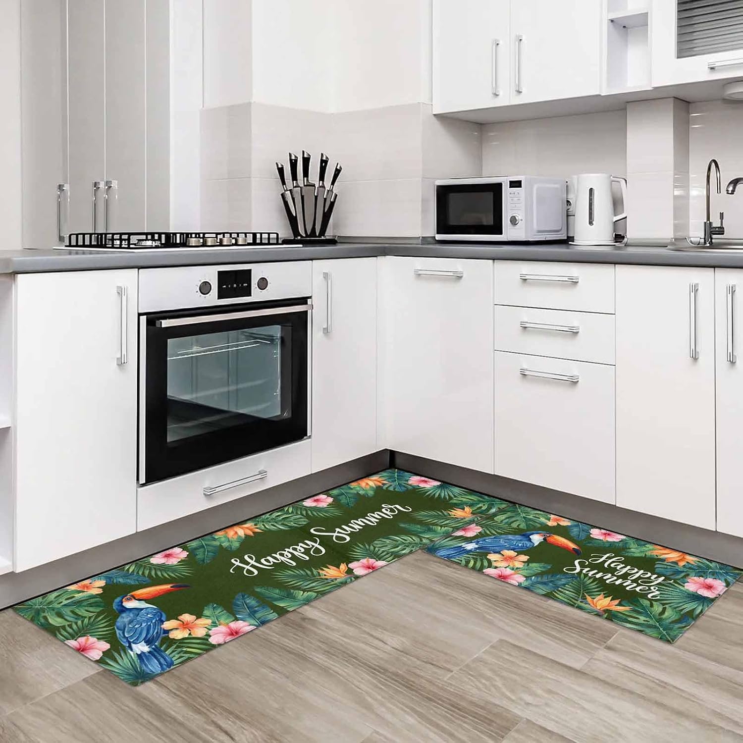 Kitchen Mats for Floor Summer Flower Monstera Leaf Washable Non Slip Kitchen Rugs 2PCS, Tropical Blossom Floral Leaves Absorbent Standing Mats for Sink Office Living Room 15.7x23.6in+15.7x47.2in