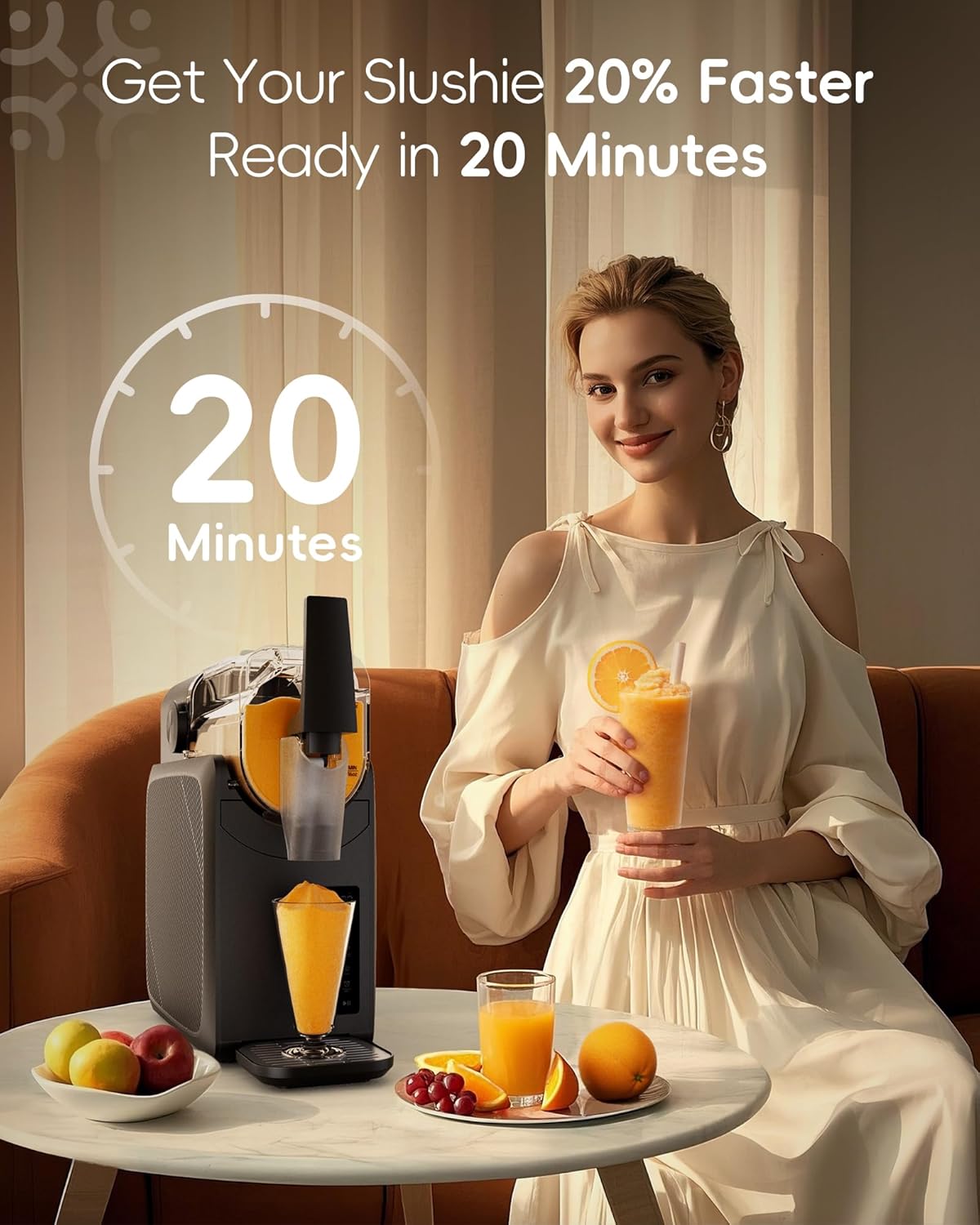 Woman holding a slushie drink, with the ecozy machine in the background and a '20 Minutes' timer graphic