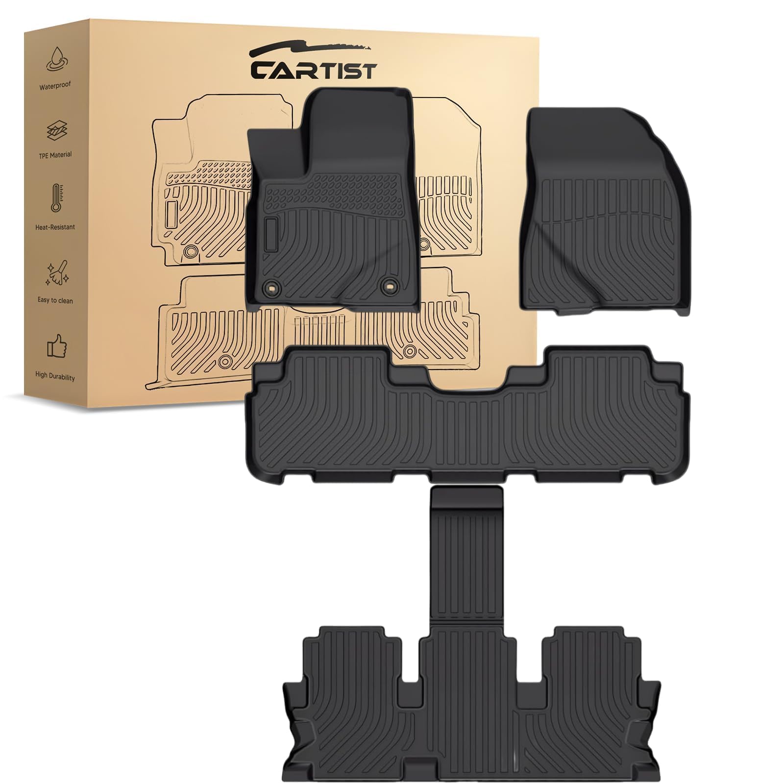 Cartist Floor Mats Fit for Toyota Highlander 7 &amp; 8 Seating 2014-2019 All Weather for Highlander Accessories Heavy Duty Waterproof, 1st 2nd Row &amp; Cargo Mat Back Seat Cover Protector Full Sets