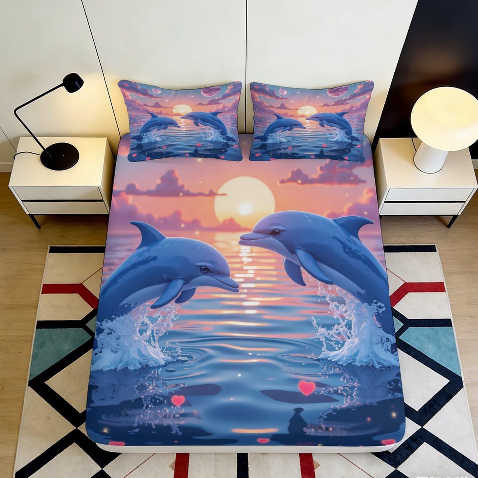 3D Printed Dolphin Sunset Fitted Sheet Microfiber Soft Breathable Ocean View Bed Cover for Bedroom Dormitory Guest Room Mattress Protection Decor 140x200x25cm