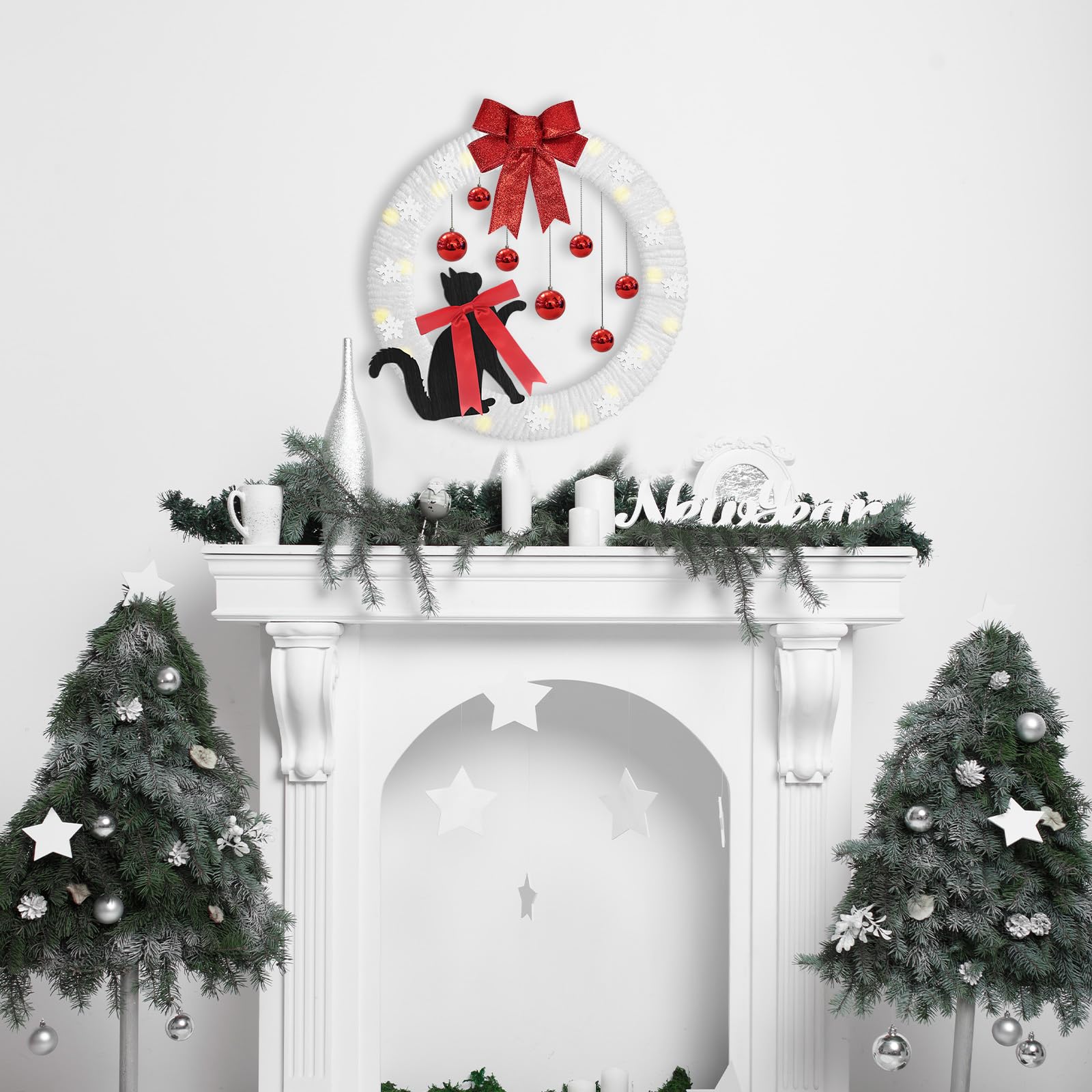 Cinrobiye Kit de fabrication de couronnes de Noël à faire soi-même pour couronne d'hiver – Kit de suspension murale avec fil chenille épais – Ornements rouges – Guirlande lumineuse à DEL pour porte
