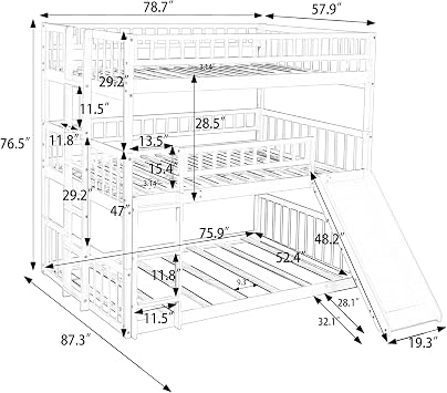 Triple Bunk Bed with Slide, Full Over Full Over Full Bunk Bed Convertible Triple Beds for Kids/Teens/Adults, White