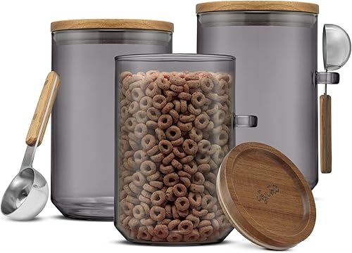 JoyJolt Holden - Recipientes apilables de vidrio de 32 onzas con tapas y cucharas, juego de 3 recipientes herméticos para alimentos con tapas de