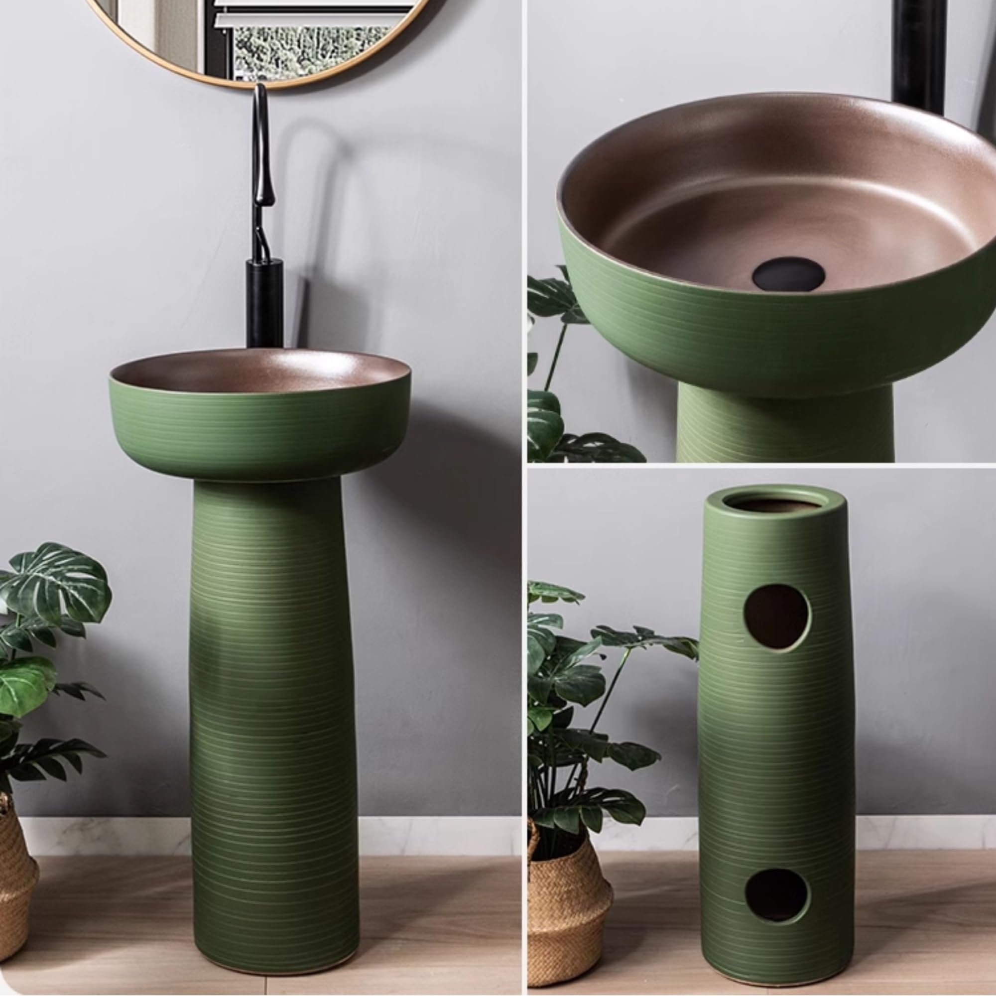 Lavello moderno in ceramica con rubinetto e kit di scarico per esterni, da pavimento, lavabo da bagno con piedistallo, verde, verde
