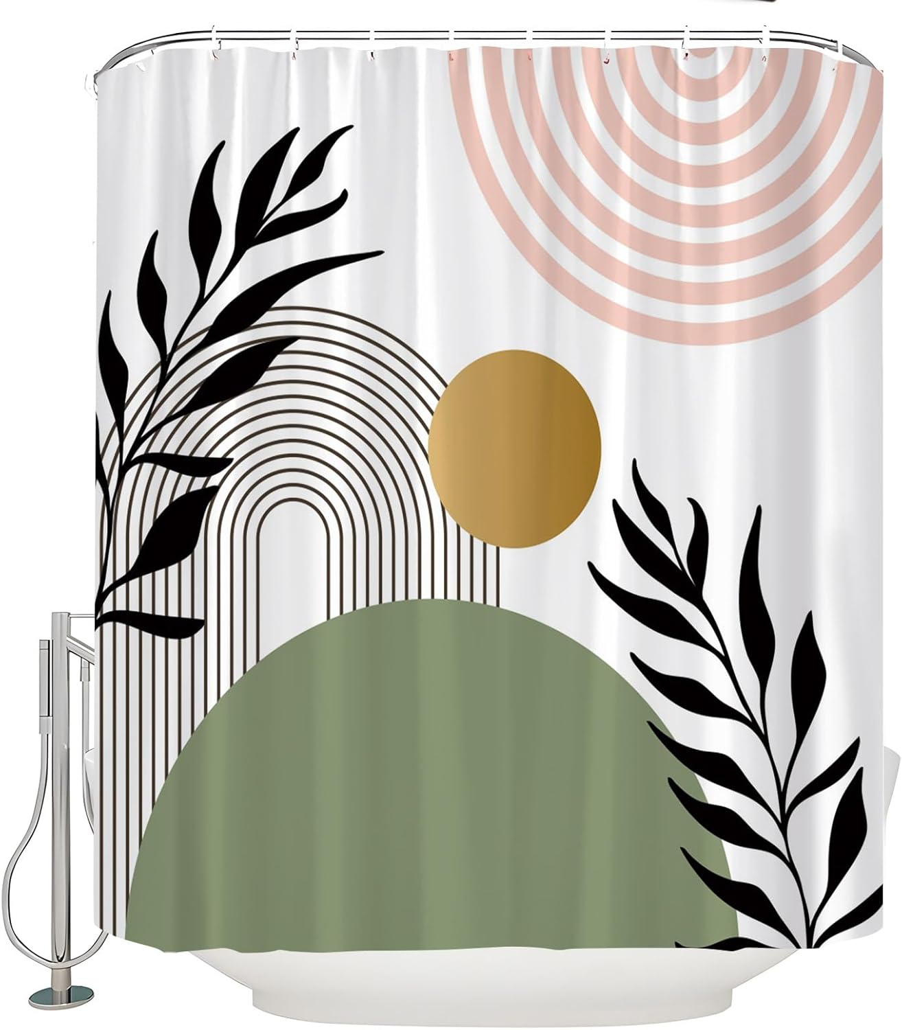 Boho Mid Century Shower Curtain Abstract Arch Curve Sun Sage Green Leaf Modern Minimalist Simple Geometric Nature Aesthetic Retro Bathroom Curtain with Hooks