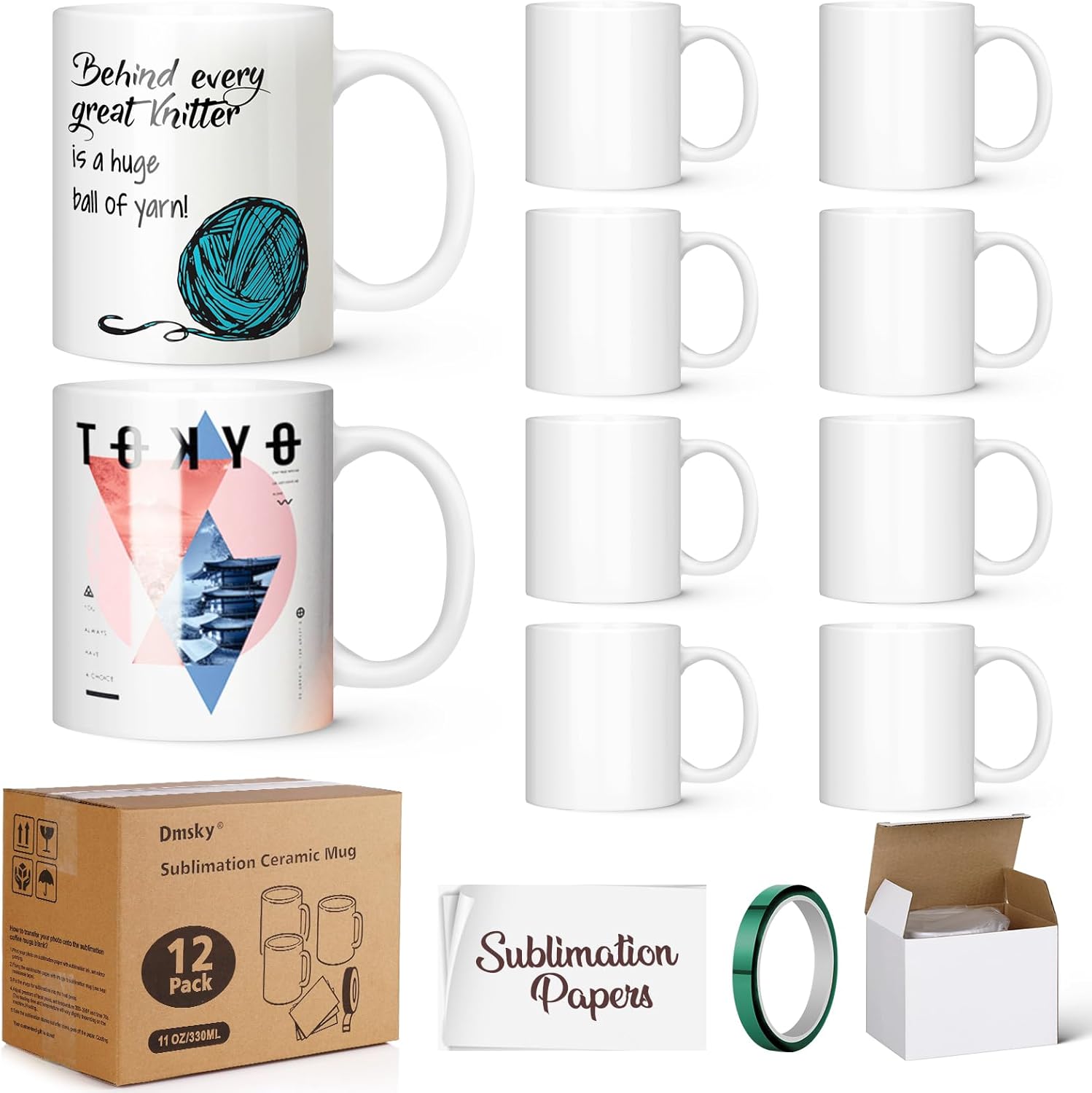 Dmsky Sublimation Coffee Mugs Tazas Para Sublimar 11 oz Blank Bulk Coffee Mug White Ceramic Photo Cups With Box, Heat Tape, sublimation paper Ideal for Crafts Printing Set of 12