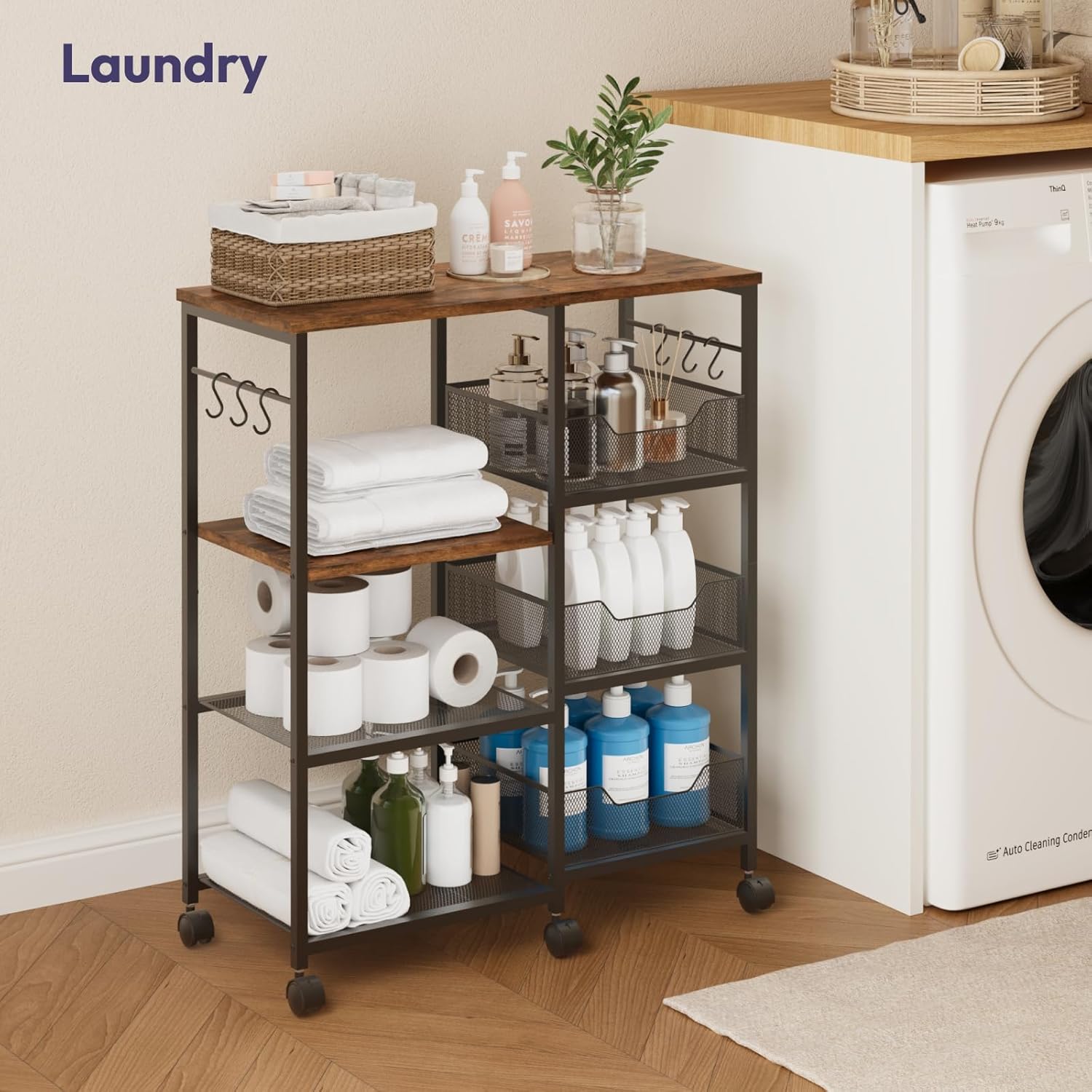 SWTYMIKI Kitchen Island Cart on Wheels - 4 Tier Rolling Kitchen Table Cart with Storage Shelves, 6 Removable Hooks& Locking Casters, Coffee Bar Cabinet for Dining Room Pantry Office, Espresso - Image 5