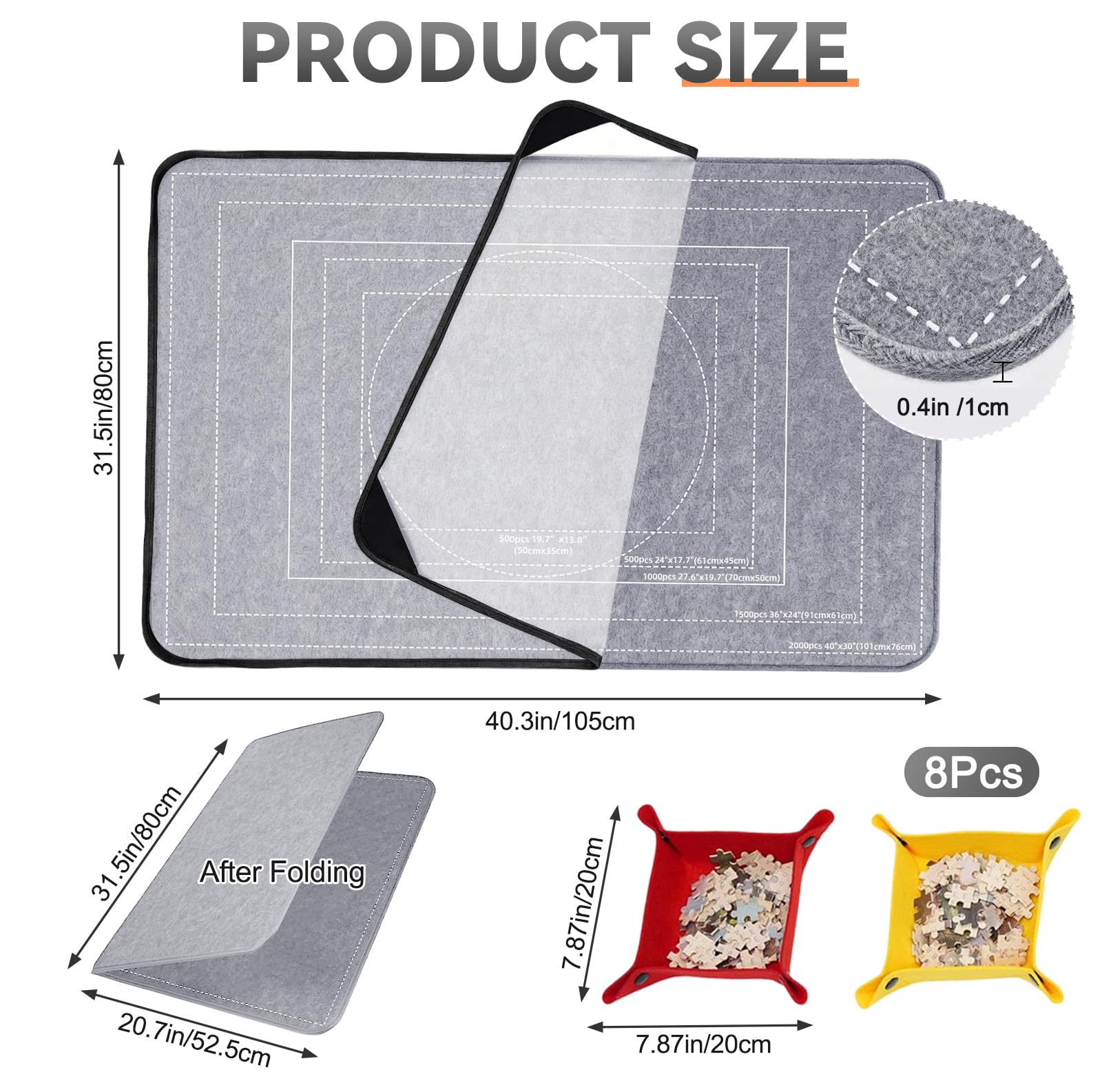 Tavolo puzzle da 2000 pezzi con copertura, puzzle pieghevole, accessori puzzle 105 x 80 cm, super leggero in feltro con 8 scomparti per la selezione e 1 copertura, piatto puzzle portatile, grigio