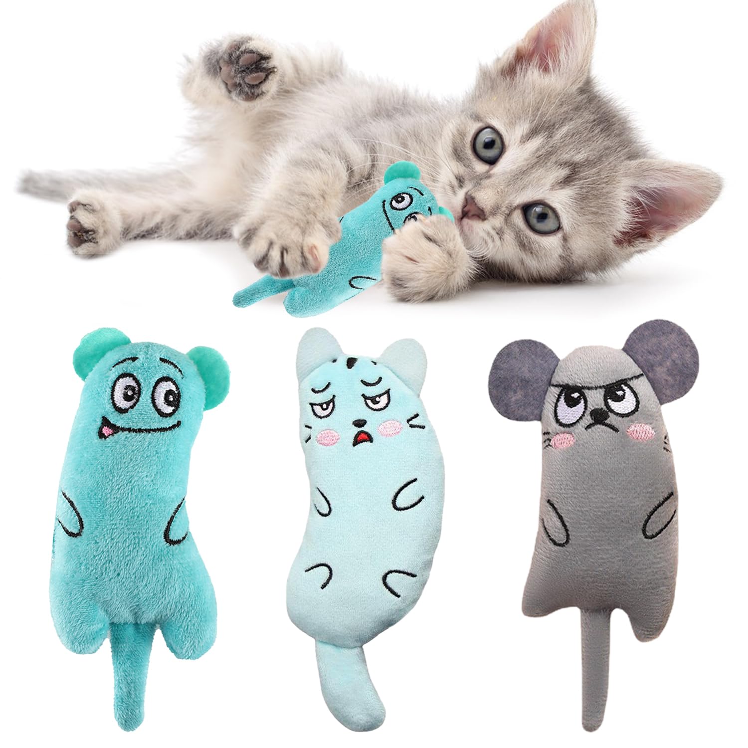 YXBWM Catnip Toys 3Pack – Teeth Cleaning Cat Chew Toys for Indoor Cats & Kittens – Durable Interactive Scratching Kicking Plush Pillow with Natural Catnip – Boredom Relief Gift for Small Medium Cats