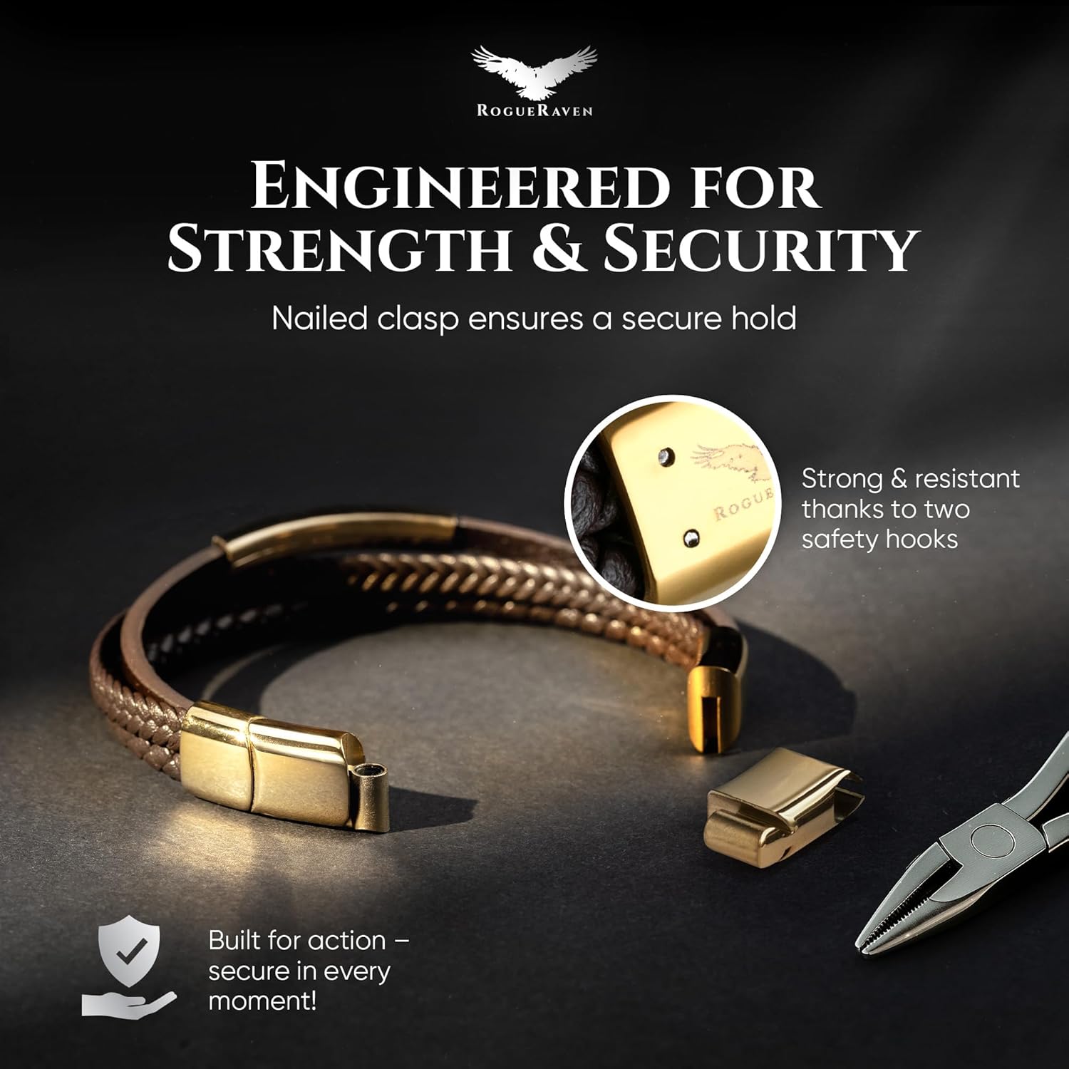 RogueRaven Black Leather Bracelet for Men – Premium Collection – Brown Black Gold Silver | Genuine Leather Mens Bracelet with Stainless Steel Clasp [Adjustable] | In Luxury Gift Box - Image 5