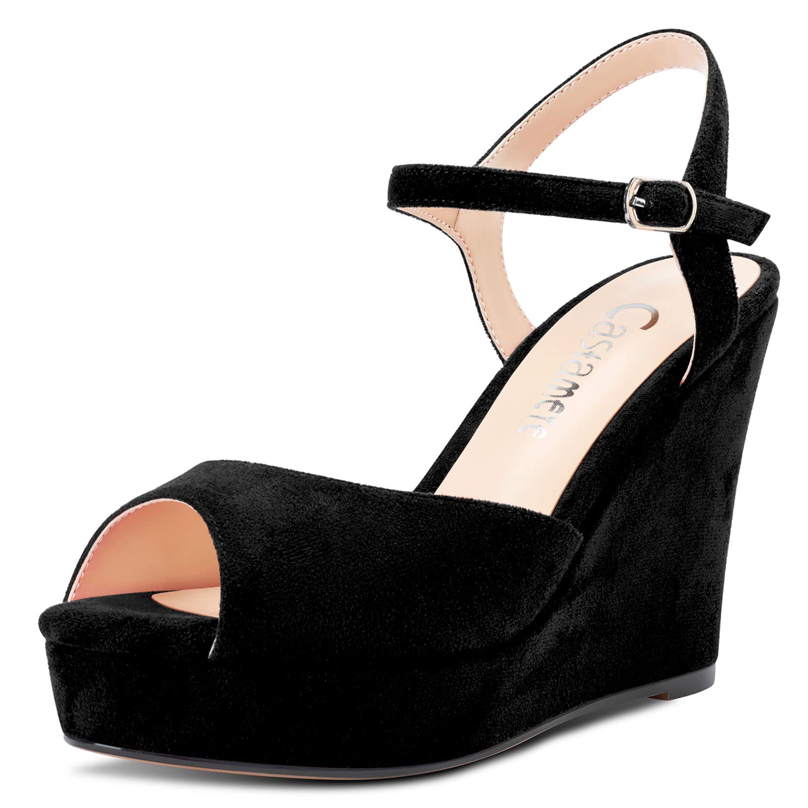 Castamere Mujer Chunky Ancho Alto High cuña esparto Plataforma Heel Abierta Punta Correa Tobillo Sandalias Slingback Cierre con Hebilla Clásico 10 CM Heels