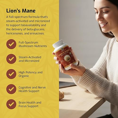 Miniatura 2 de Medicinal Foods Cápsulas de melena de león Suplemento dietético  Espectro completo de mayor potencia, activado por vapor orgánico, apoyo para el