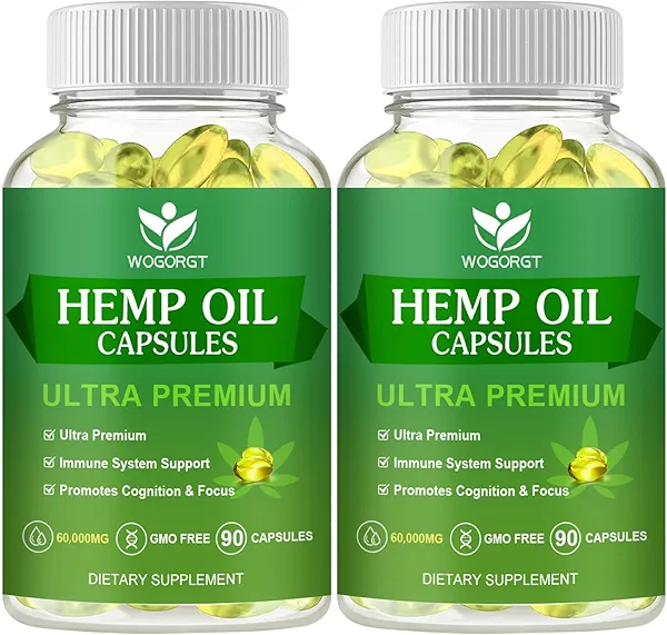 (2Pack) Hemp Oil Capsules - 60,000 Maximum Strength, Immune Support, Focus Calm, Relaxation, Mood, Rich in Omega 3, 6, 9 Fatty Acids - 90 Capsules