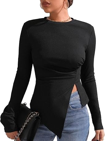 Sexyshine Womens Asymmetrical Slit Shirts Round Neck Long Sleeve Ruched High Low Hem Tight Y2K Going Out Tops Tees