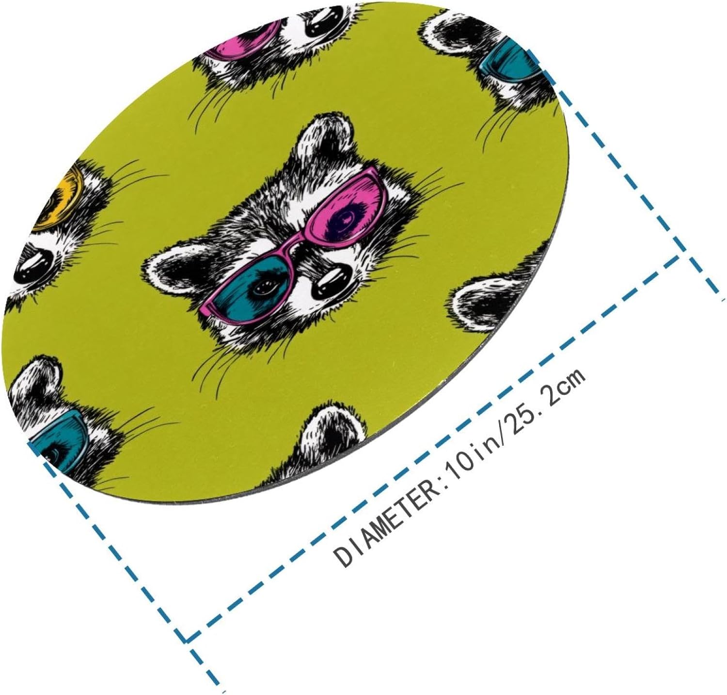 Round Mouse Pad for Women Men, 10’’ Round Desk Pad Mousepad Non-Slip Rubber Base, Office Home Laptop Accessories, Heads of Cute Raccoons in Colored Glasses image 3