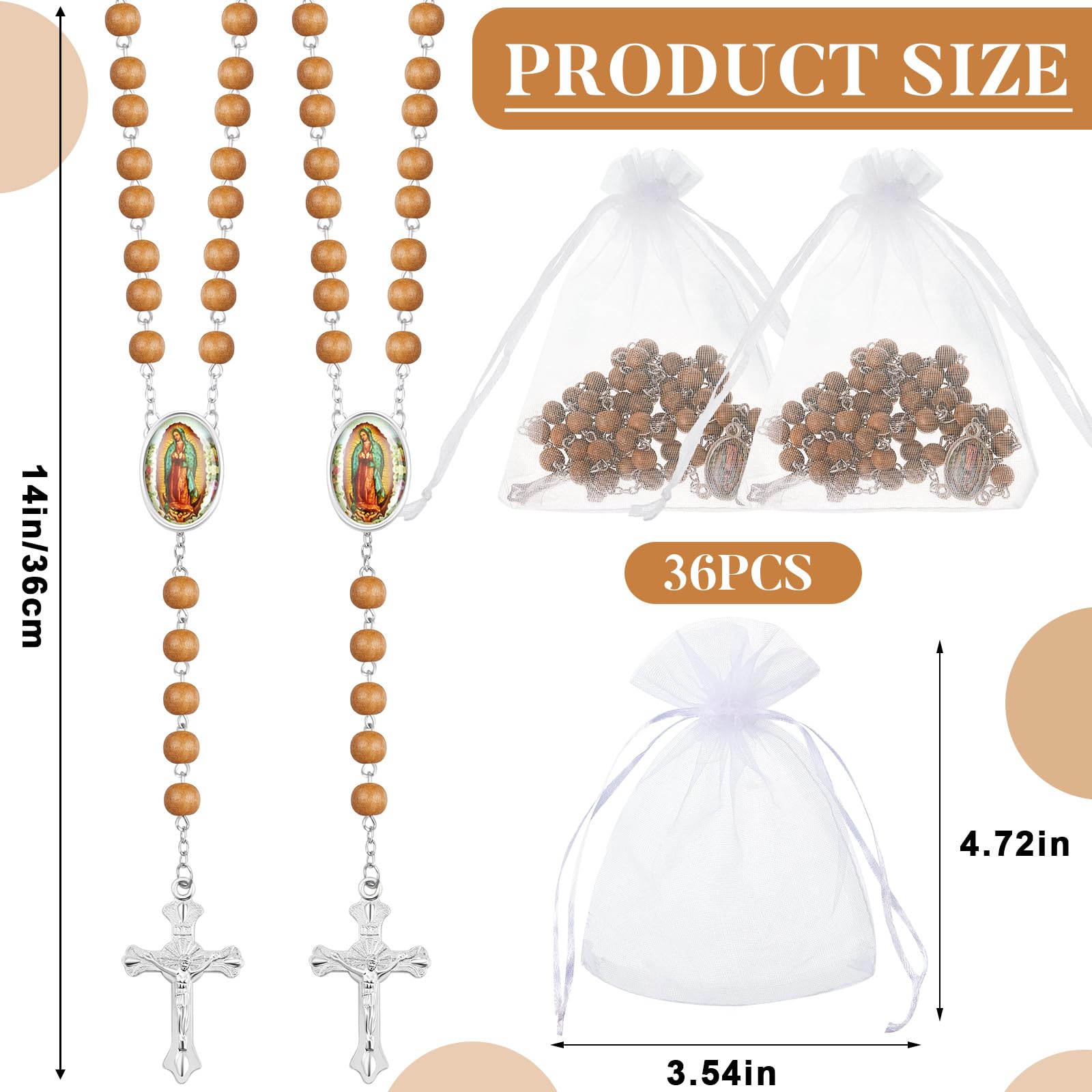 36 Pcs Wooden Bead Rosary Necklace with Crucifix and Our Lady of Guadalupe Scented First Communion Rosary with 36 Organza Bags Baptism Favors Catholic Gift for Men Women(Wood)