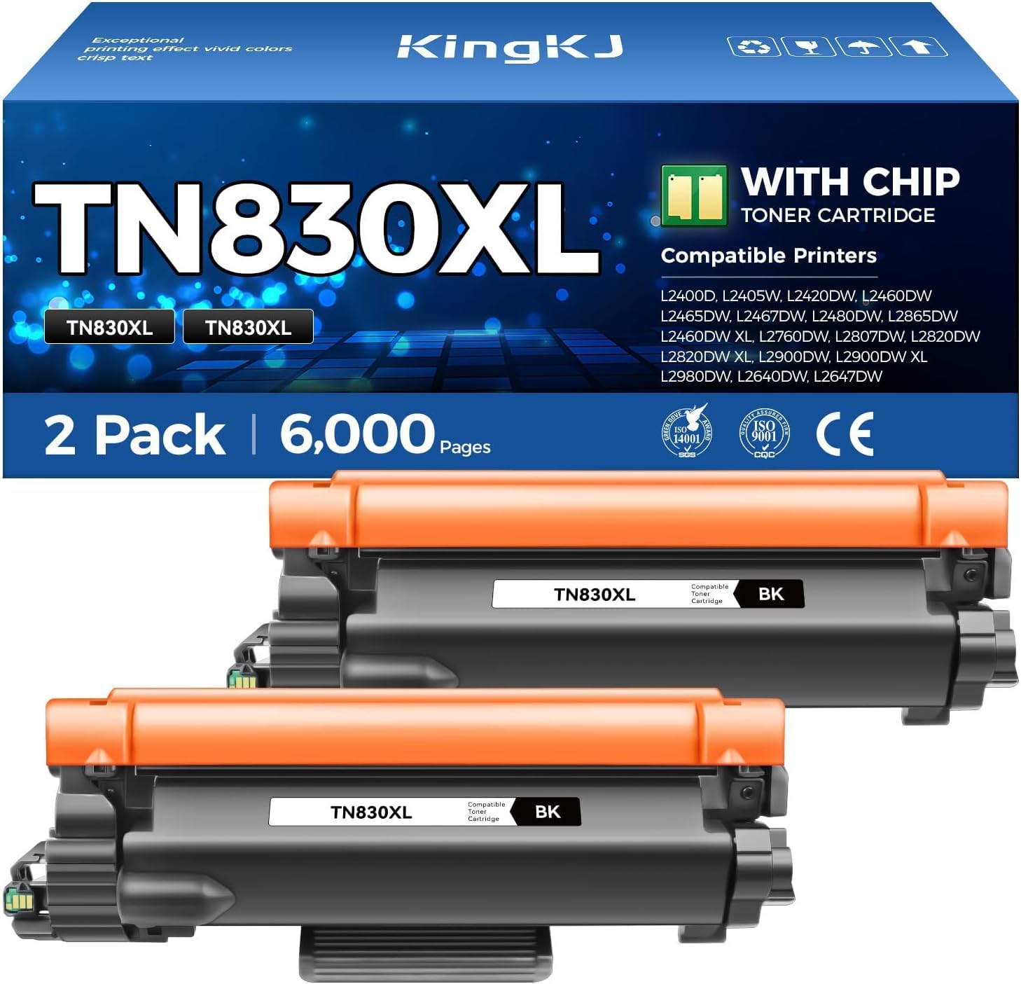 KingKJ TN830XL Toner Cartridge Black 2-Pack High Yield