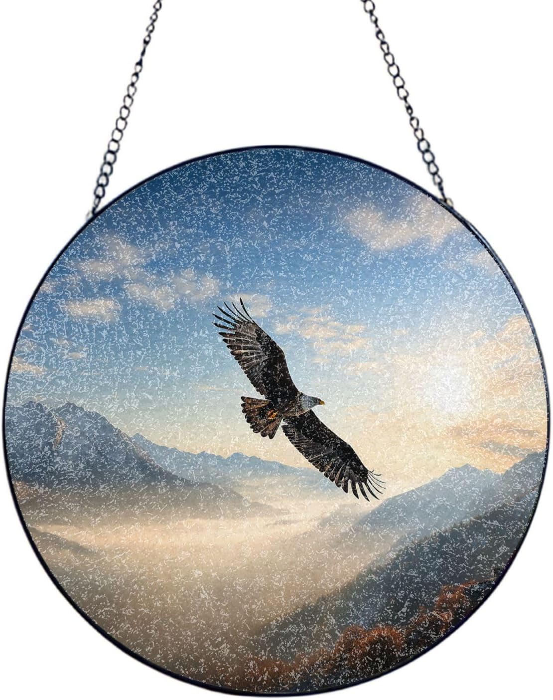Stained Glass Window Hanging 6in（15cm）, Eagle Mountains Glass Suncatcher for Home Decor, Indoor Wall Art Glass Panel with Metal Chain and Hooks, Sun Catcher Ornament Birthday Gifts
