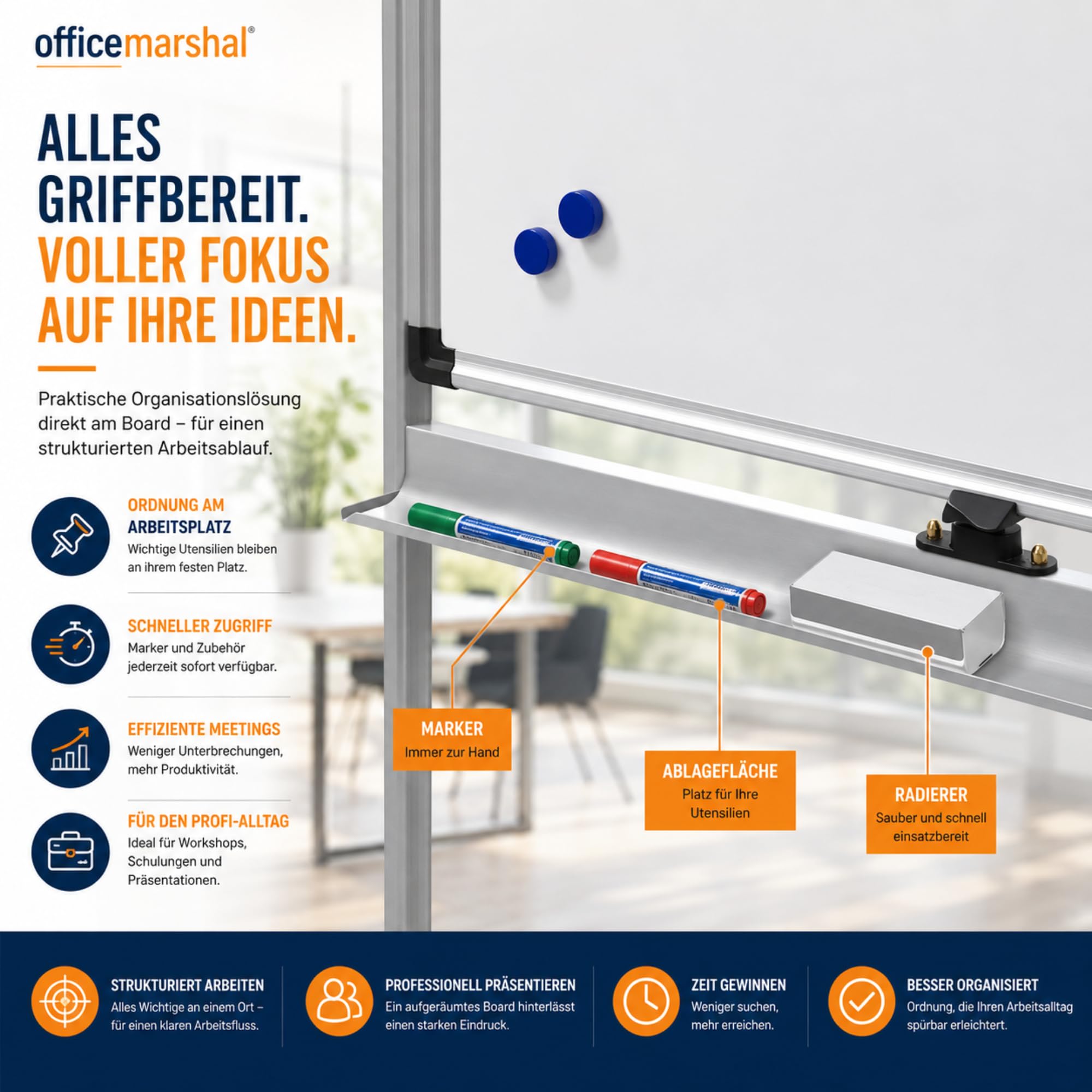 Whiteboard Stanford | Lackiert oder Emailliert | Doppelseitig & drehbar | Magnettafel mit Alurahmen & Stiftablage | Mobil in 5 Größen (120 x 180 cm, Lackiert)
