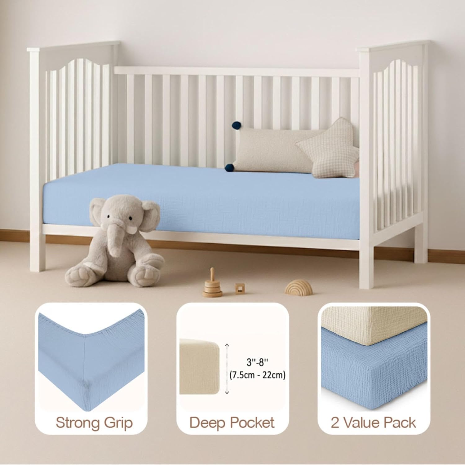 Mre & Moi Muslin Fitted Crib Sheets: 2 Pack - Light Blue & Cream - 28x52", 100% Cotton, Oeko-TEX, Soft & Breathable, Baby & Toddler Mattress Bedding image 4