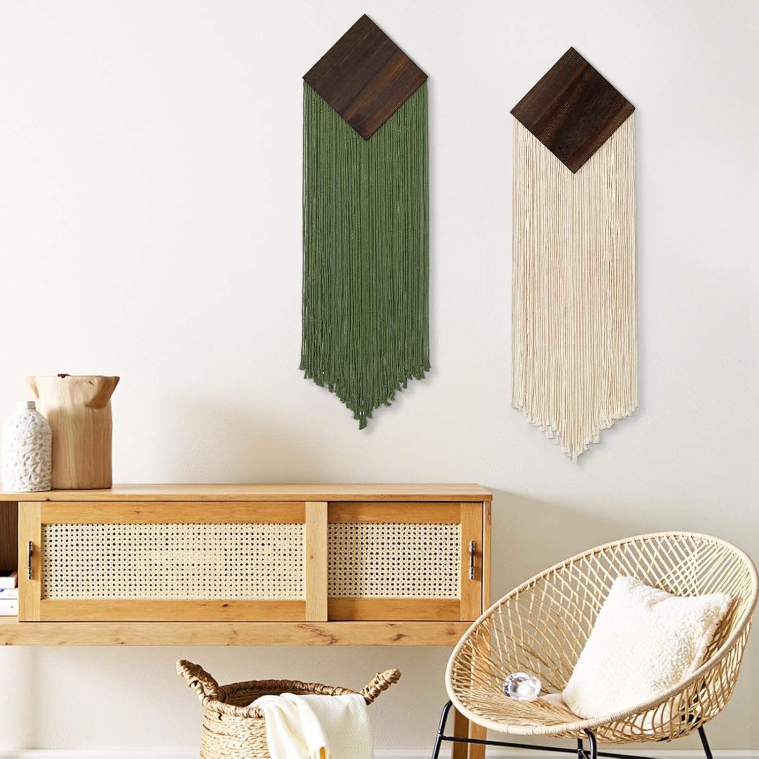KHOYIME Macrame Wall Hanging Boho Chic Home Decor, 2PCS Bohemian Green Beige Vertical Tassel Yarn Tapestry Modern Farmhouse Wall Art Decorations for Living Room Bedroom Nursery Office 11''W x 36''L