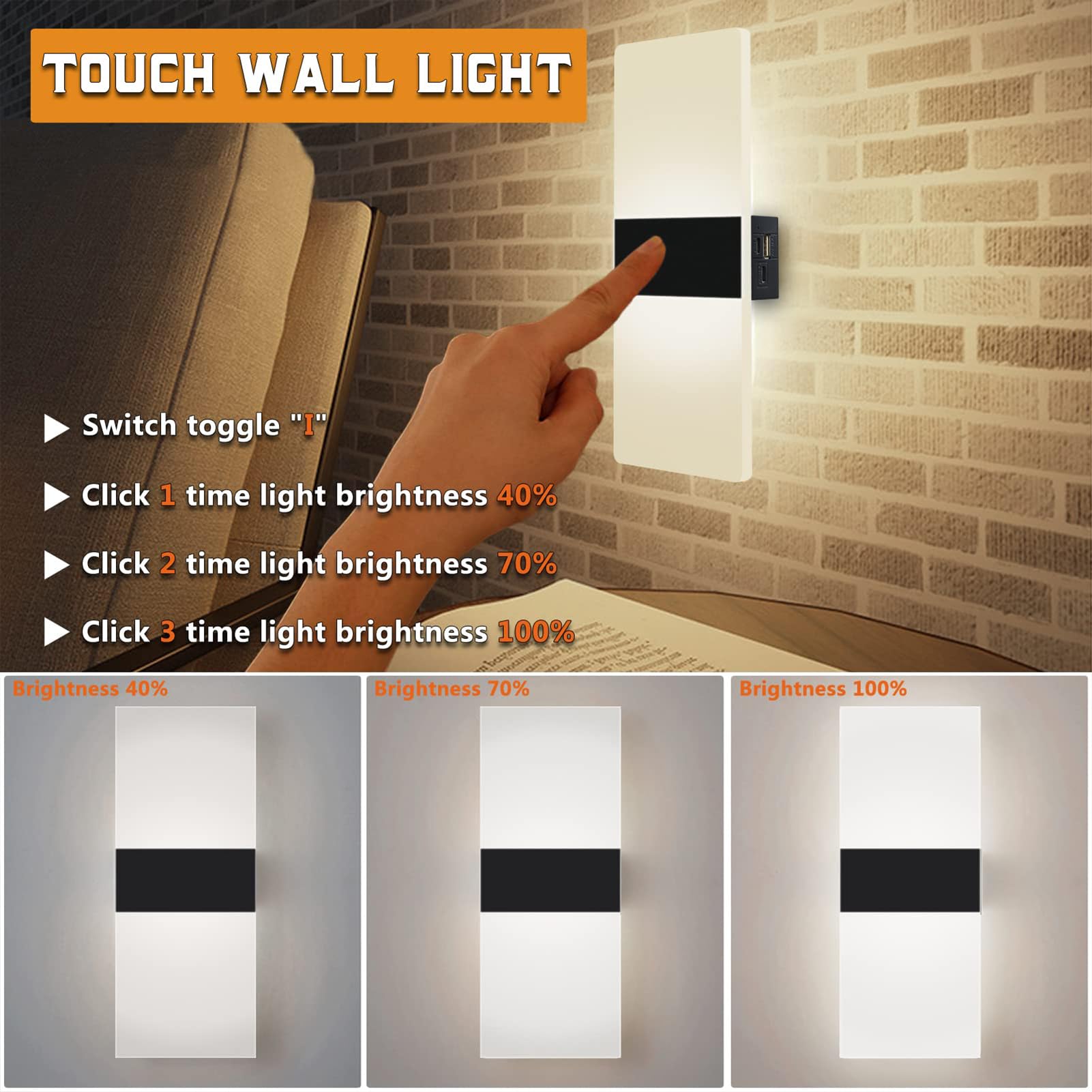 VOMI Lámpara LED Sin Cable con Interruptor, Aplique de Pared con Pilas Recargable USB, Magnética 3 Niveles de Brillo Regulables, Iluminación Interior, Blanco Frío 6000K