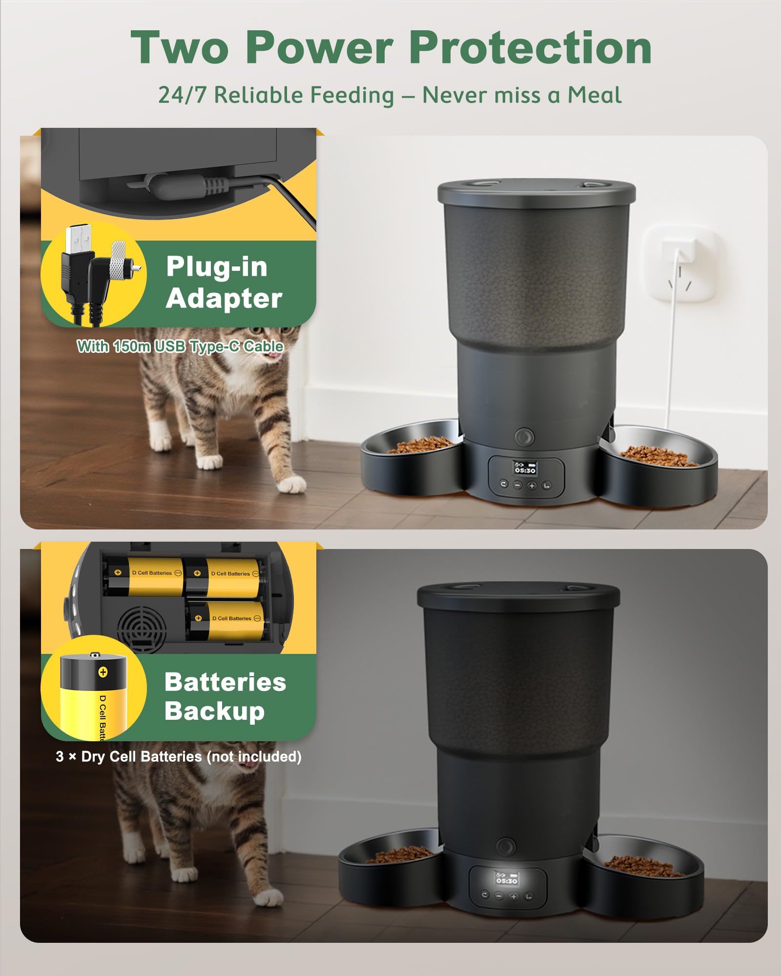 Gimars 5L Distributore Automatico Cibo Gatti 2 Ciotole in Acciaio Inossidabile, Distribuzione Uniforme, Dispenser Crocchette Gatti e Cani Programmabile da 1-6 Pasti al Giorno, Registrazione Vocale 10s