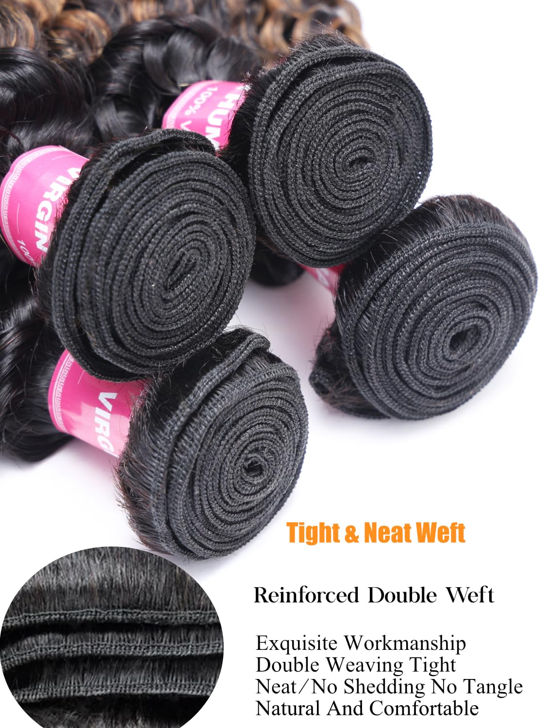 Yilian Julia Hair 12A Ombre Brown Curly Human Hair Weaves 3 Bundles 14 16 18 Inch Brazilian Virgin Jerry Curly Human Hair Extensions Dark Root Brown Highlight Piano Color 1B/30 Brown Color