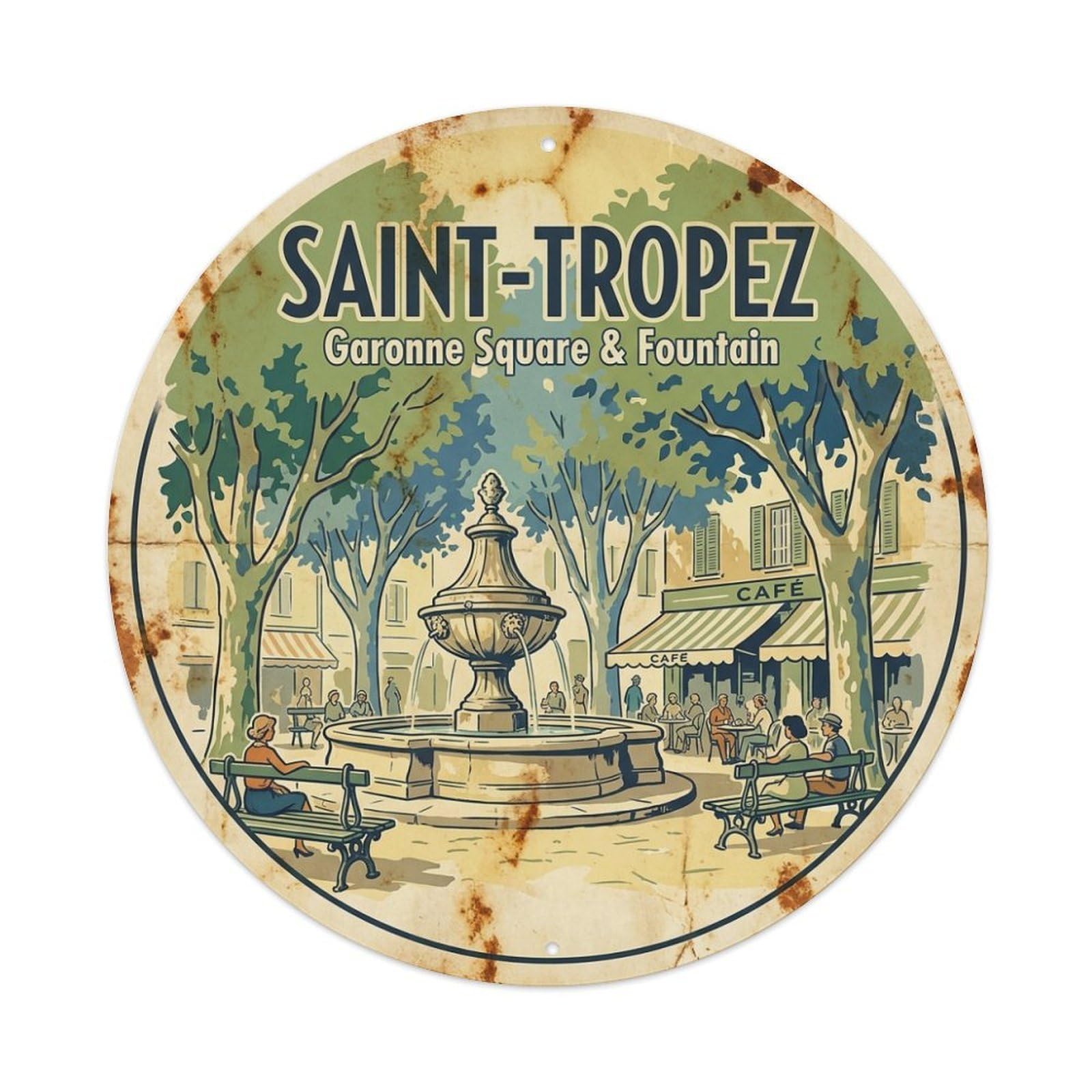 Village Fountain Square Saint Tropez Riviera Travel Metal Tin Sign
