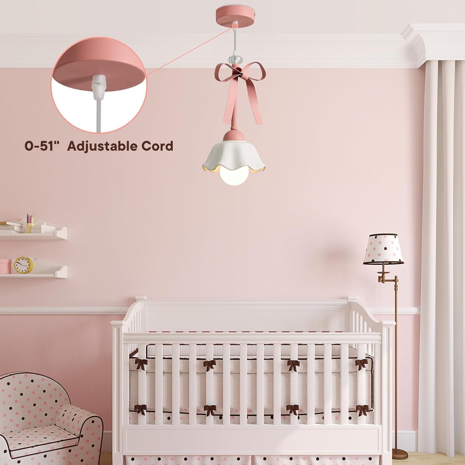Bow Pendant Light for Girl's Bedroom, Pink Ceramic Ceiling Light Fixture with Crystal Accents, Chandelier Ceiling Light for Bedroom Lighting, Adjustable Hanging Light Fixture for Nursery & Kids Room