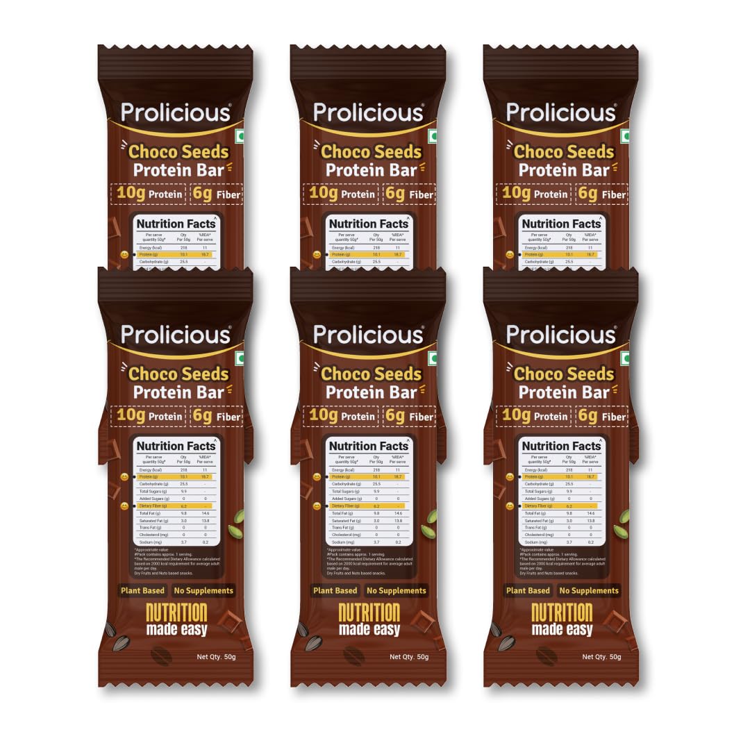 Prolicious 10g Protein & 4g Fiber | No Refined Sugar | Plant Based | Natural Ingredients (Pack of 6, Choco Seeds Protein Bar)
