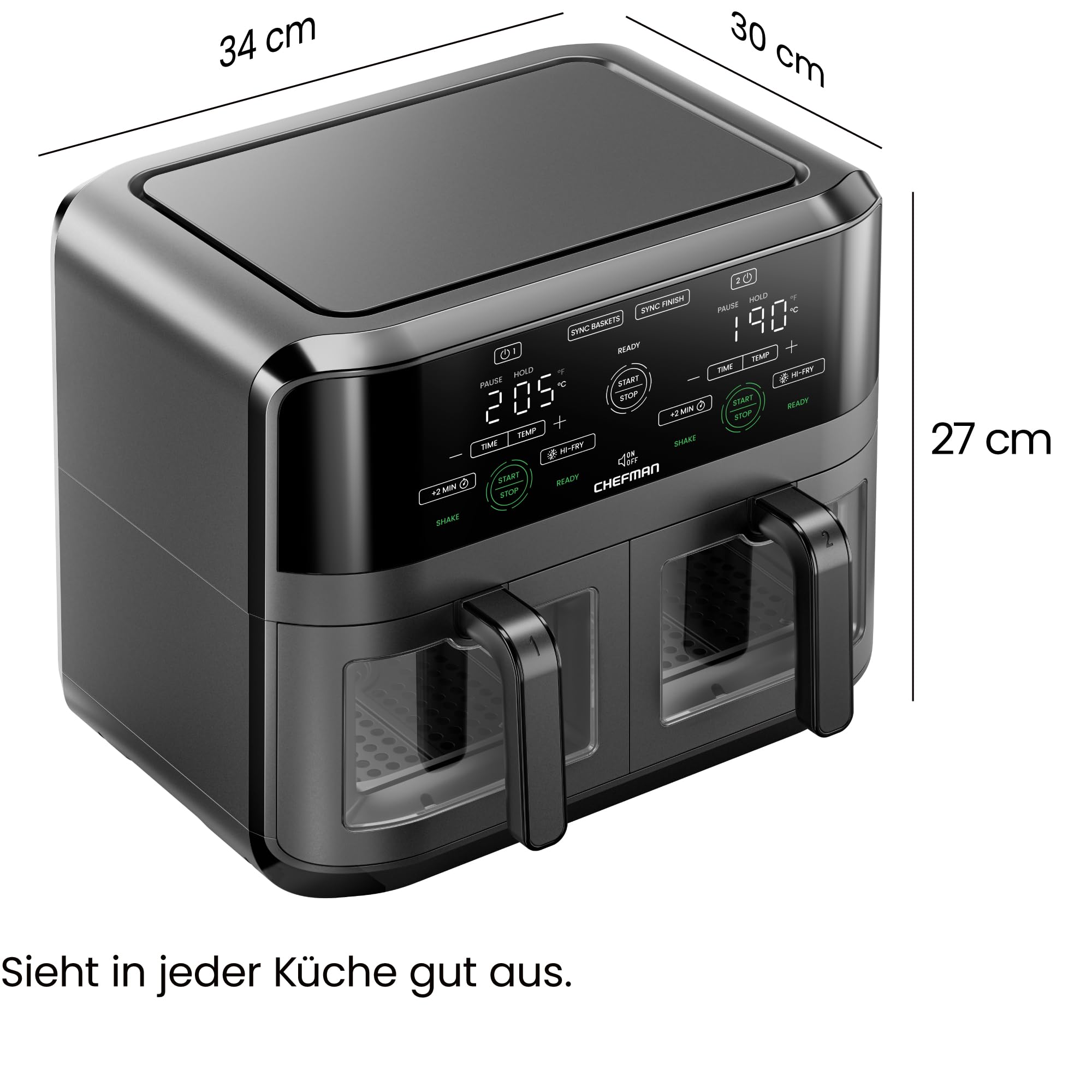 Chefman 5,6L Doppelkorb-Heißluftfritteuse 2100W, Sync-Finish, Hi-Fry
