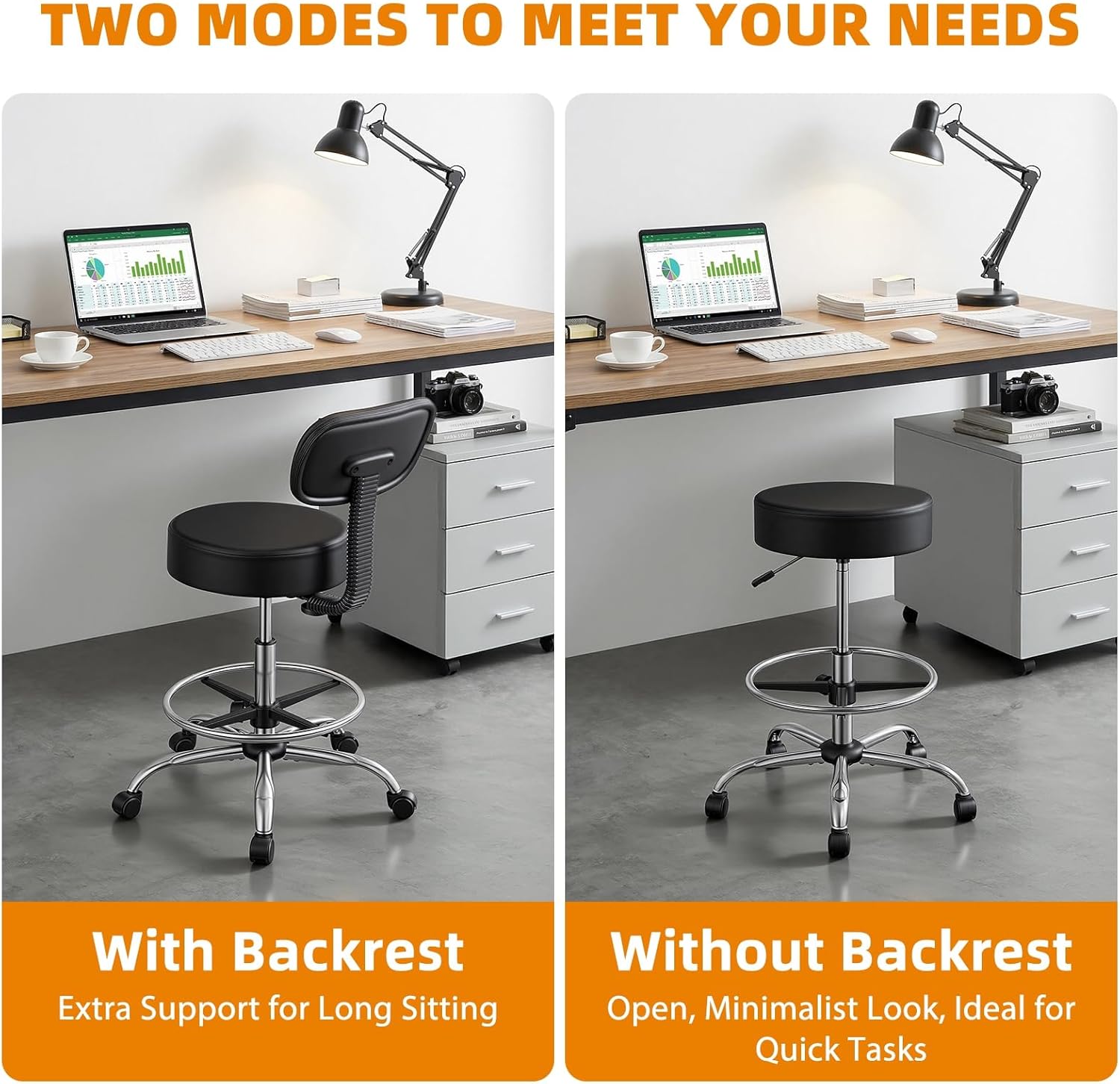 Drafting Stool with Backrest | Adjustable Foot Rest Rolling Stool with Wheels | Height Adjustable Office Desk Chair | for Office Spa Studio Lab Counter Salon Home Work Bar Kitchen Shop Black