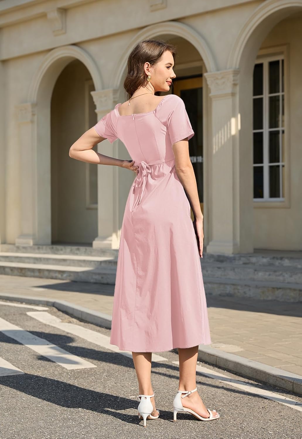 Jayscreate Women’s Casual Square Neck Long Halter Tie Dress Midi Short Sleeve 2025 Summer Flowy Dress A-Line for Women - Image 3