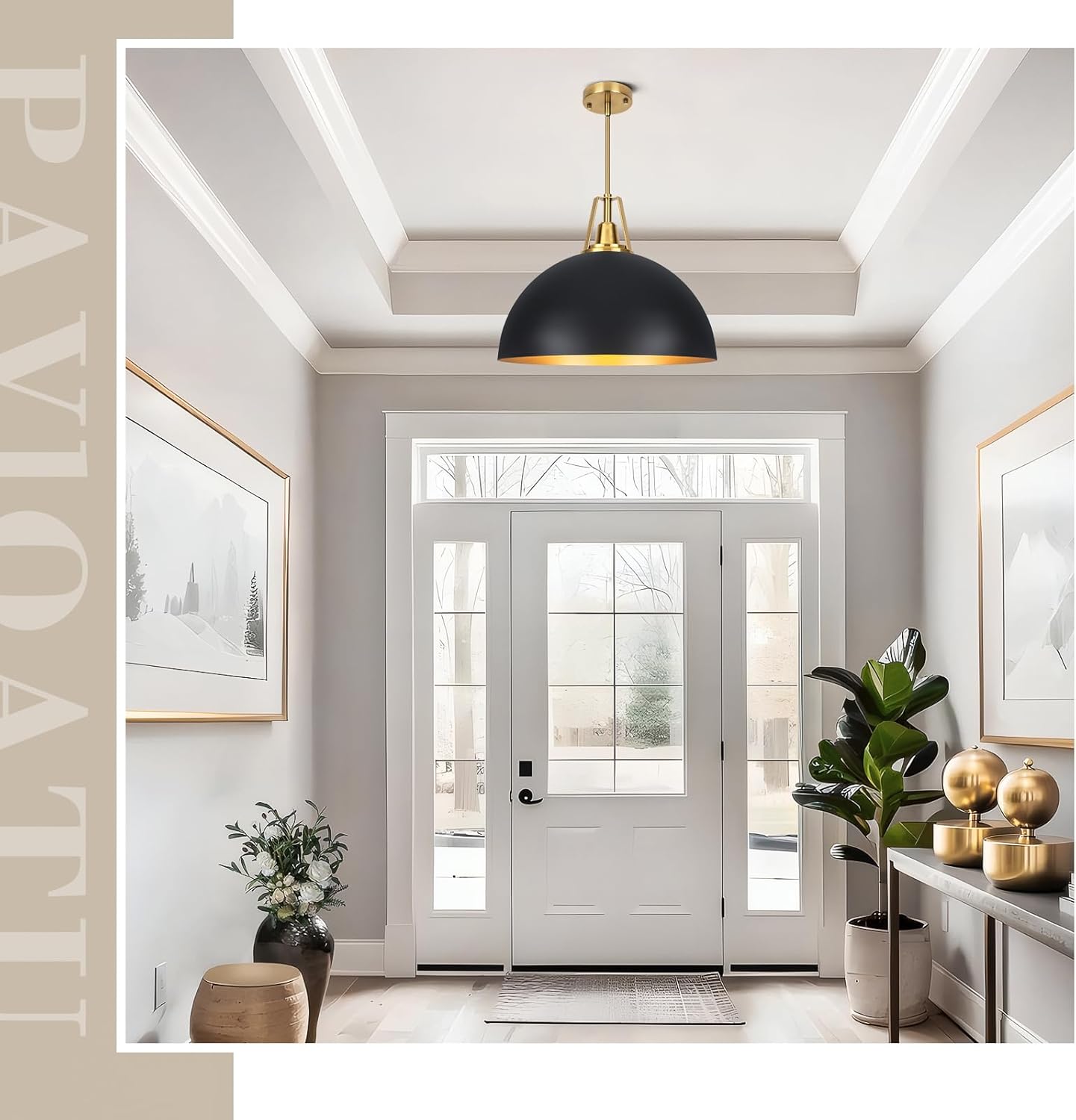 19.69" Large Black Dome Pendant Light Fixtures, Black and Gold Dome Pendant Lights for Kitchen Island, Farmhouse Chandeliers for Dining Room, Living Room, Bedroom, Entryway, Foyer