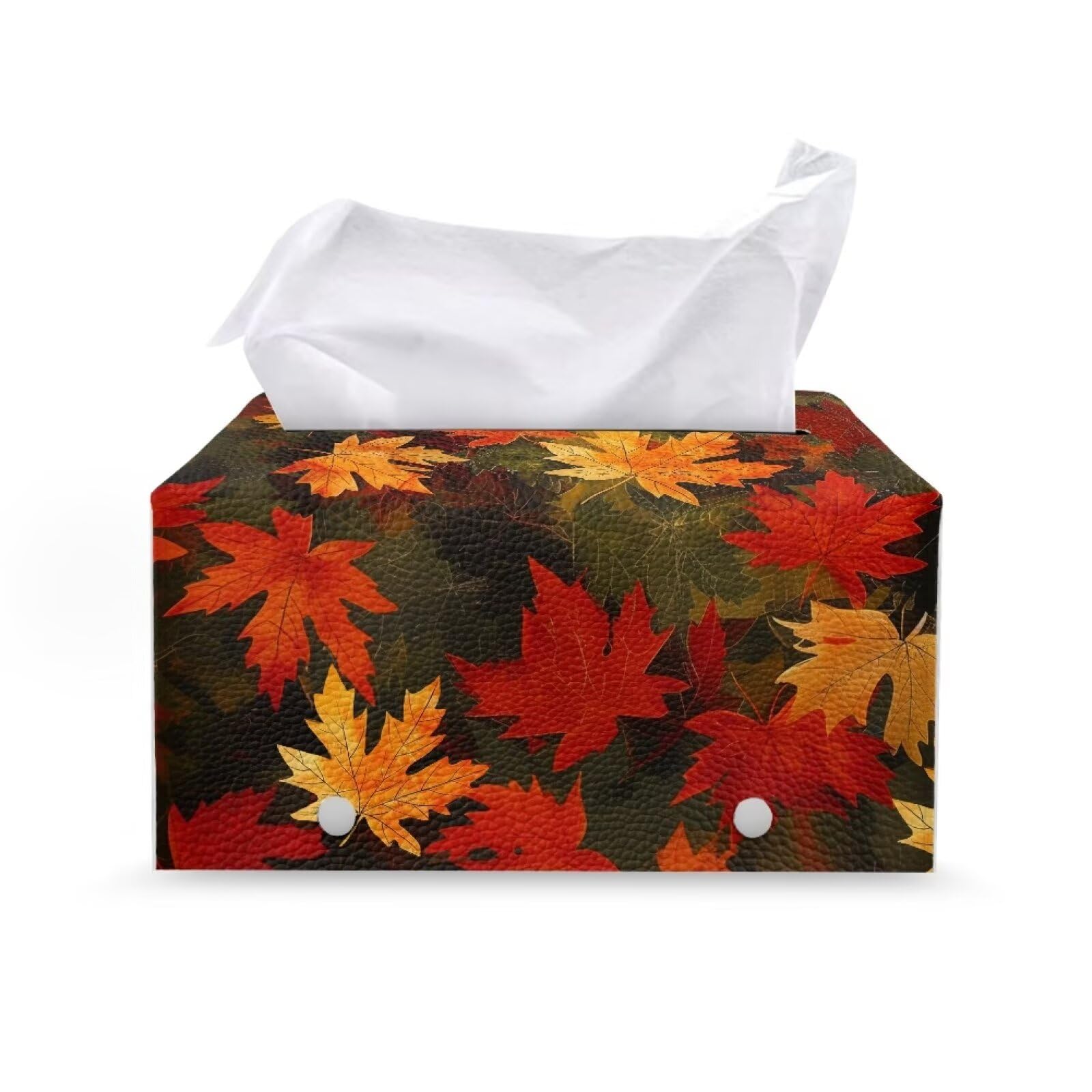 Suhoaziia Fall Maple Leaf Tissue Box Covers Leather PU Facial Paper Organizers Dispenser Foldable Long Facial Tissue Case for Tabletop Bathroom Night Stand Vanity Office Thanksgiving Decor
