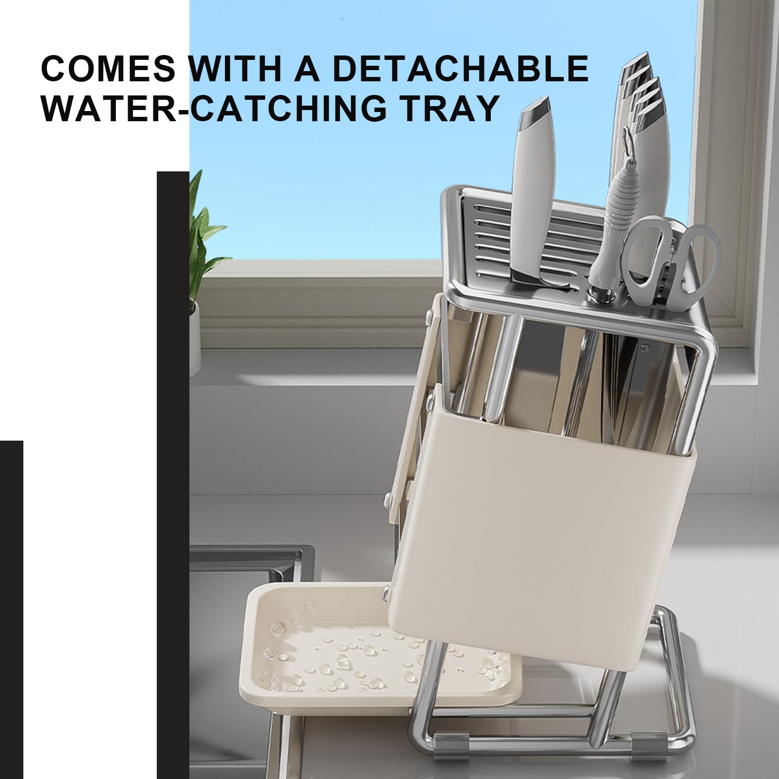 HEVOY Knife Block with Drain Tray, Knife Holder without Knives, Kitchen Storage Knife Rack Decoration, Slanted Knife Stand, Countertop Knife Storage, Carbon Steel Cutlery Display Organizer (Silver,C)